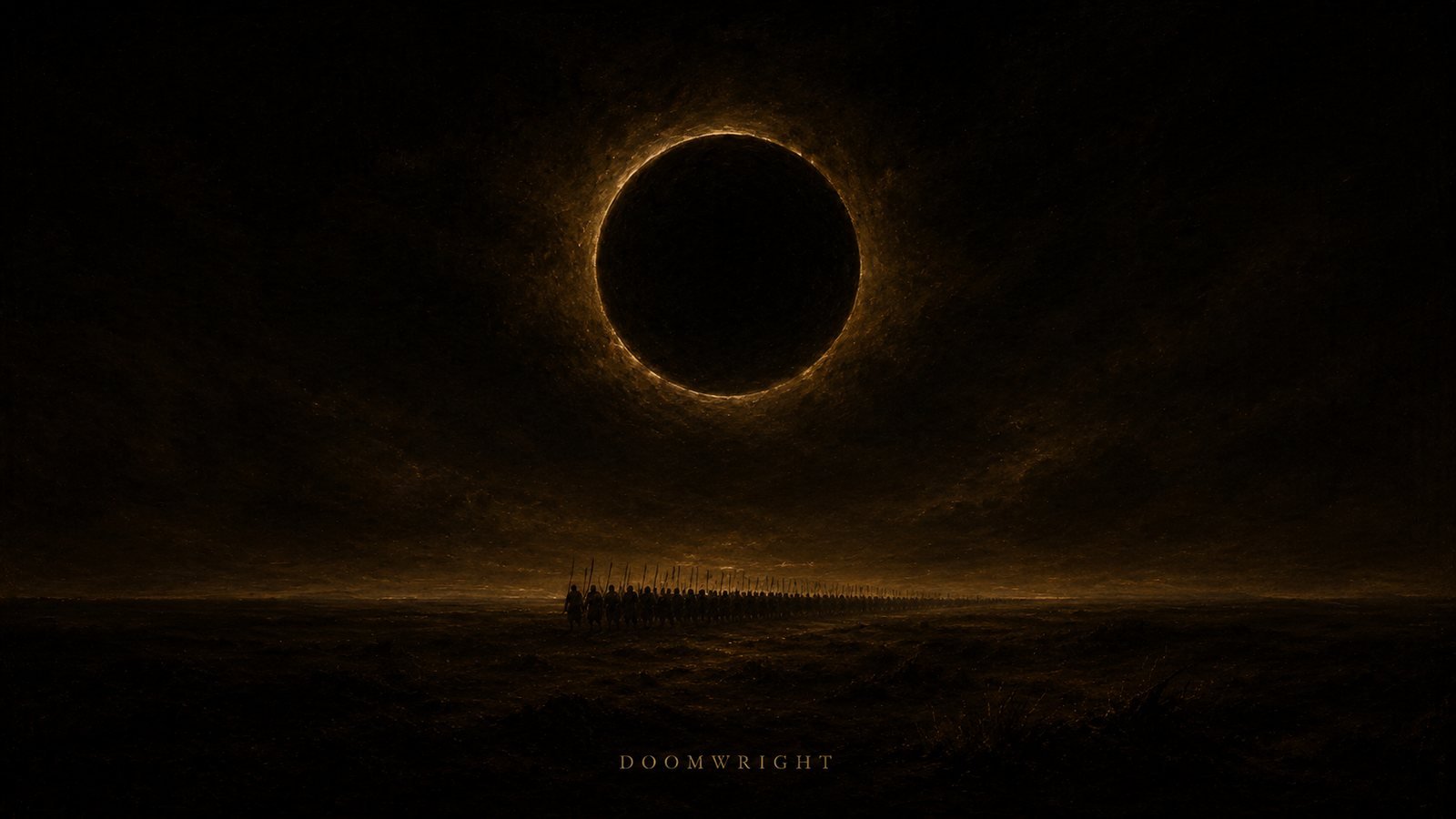 A total solar eclipse over a long column of marching spearmen on the steppe