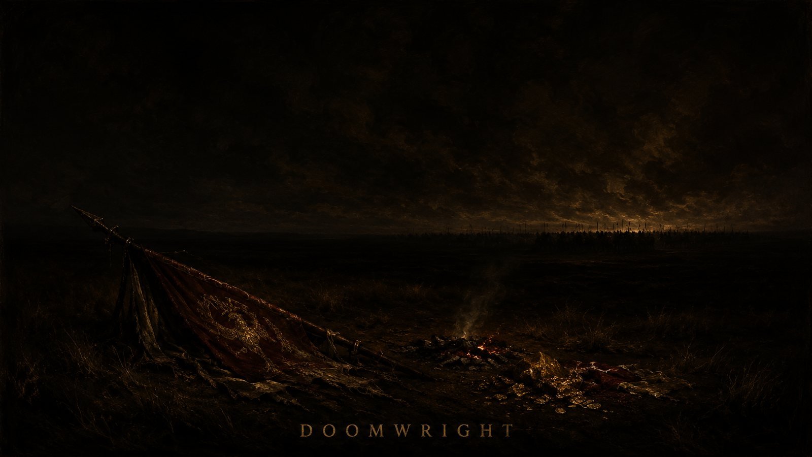 A fallen standard and spilled gold beside a dying fire, a distant army gathering on the horizon