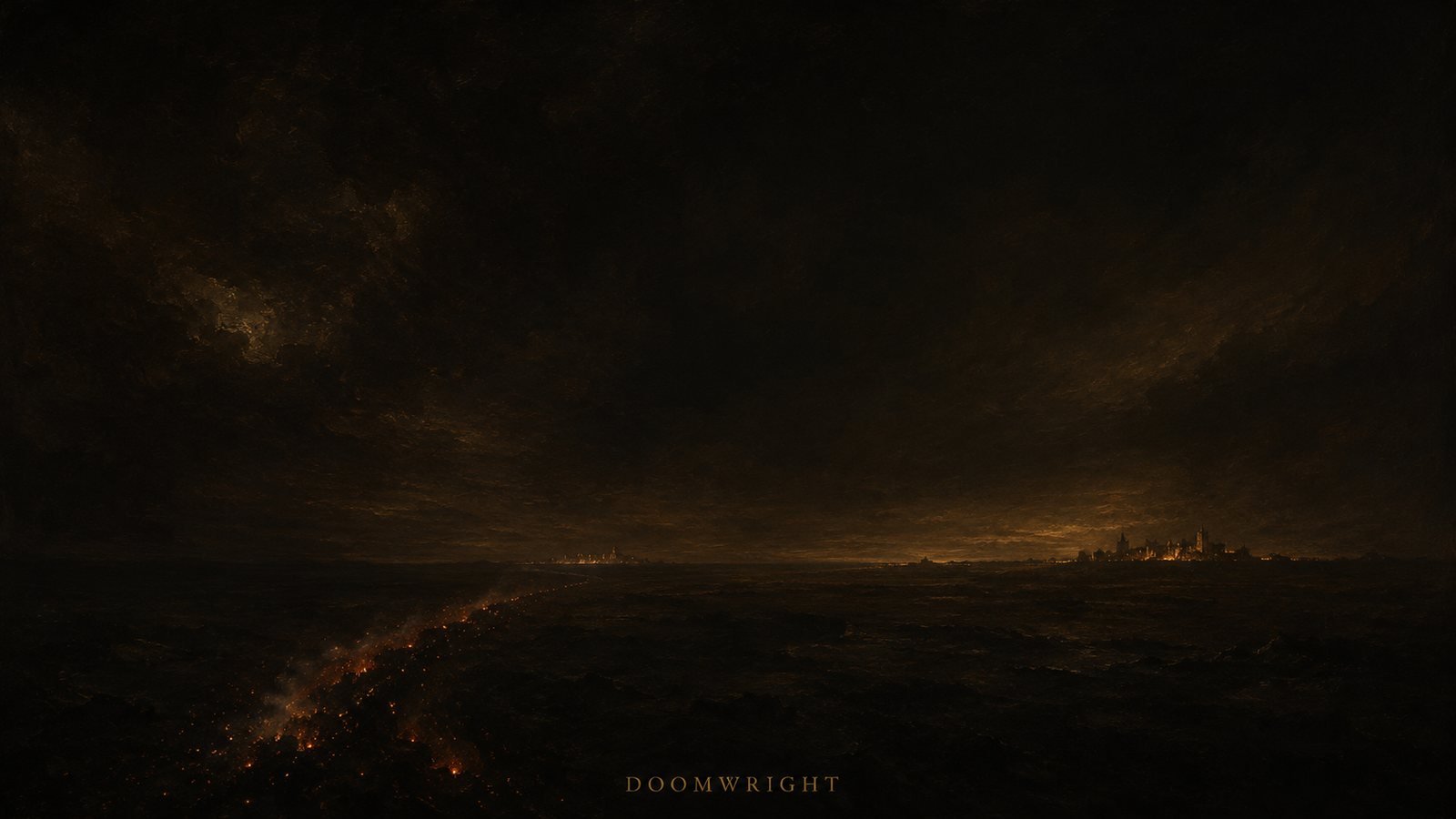 A vast dark plain with a river of embers running between two distant lit towns