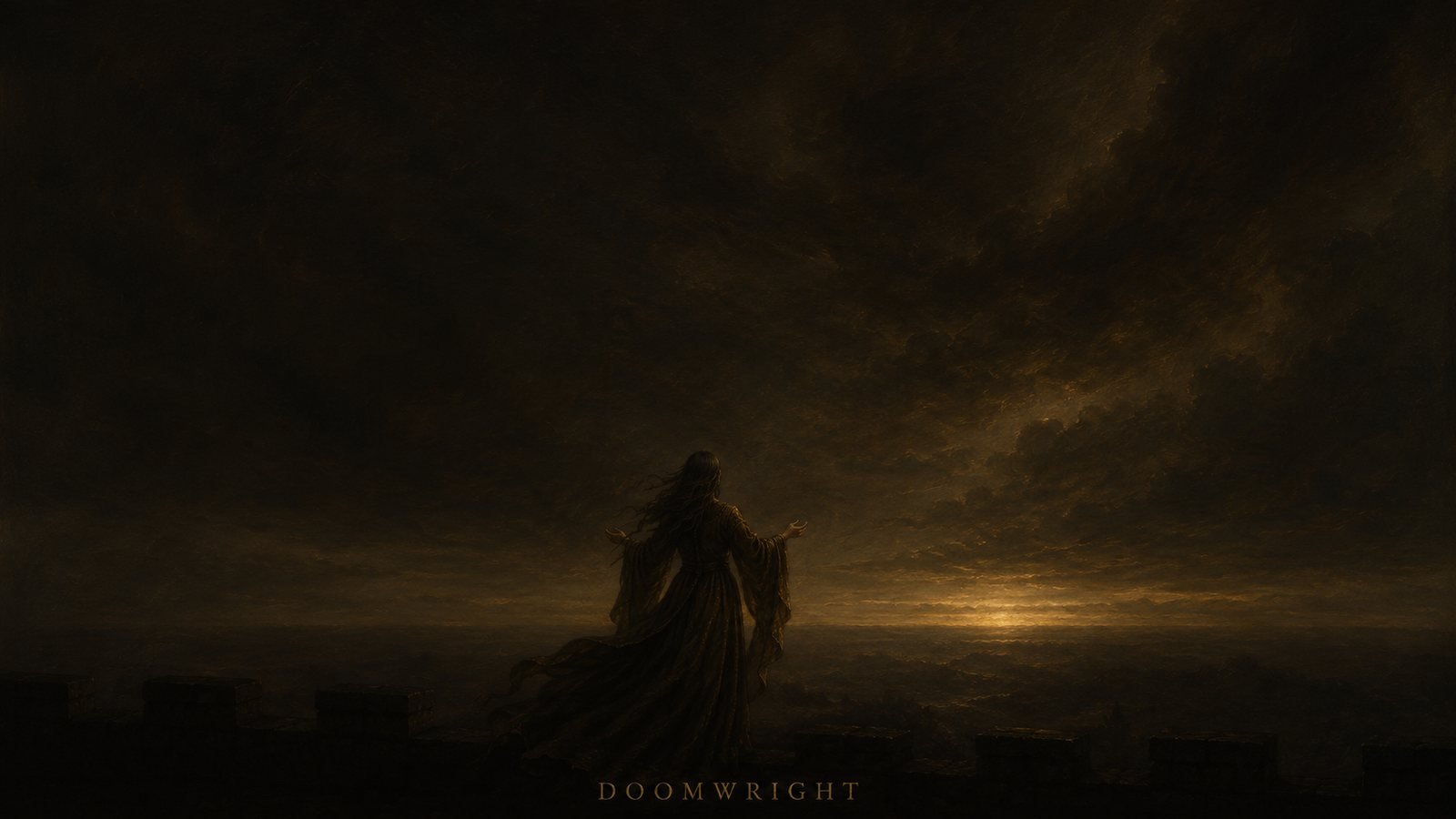 A woman on a fortress wall, arms raised toward a faint light breaking on the horizon