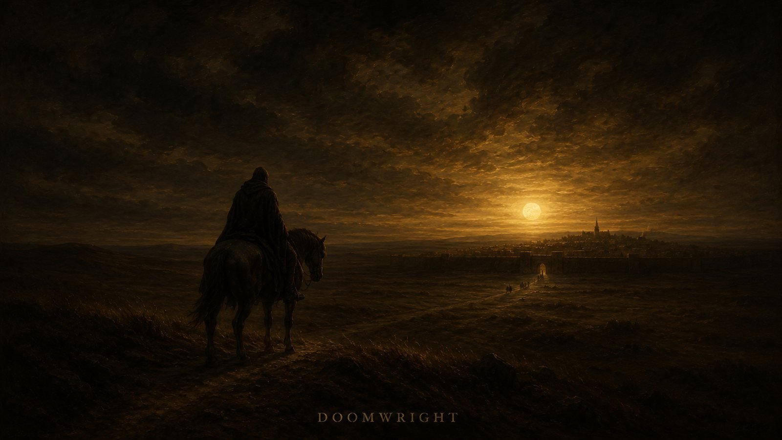 A lone cloaked rider on horseback facing a walled city beneath a warm rising sun