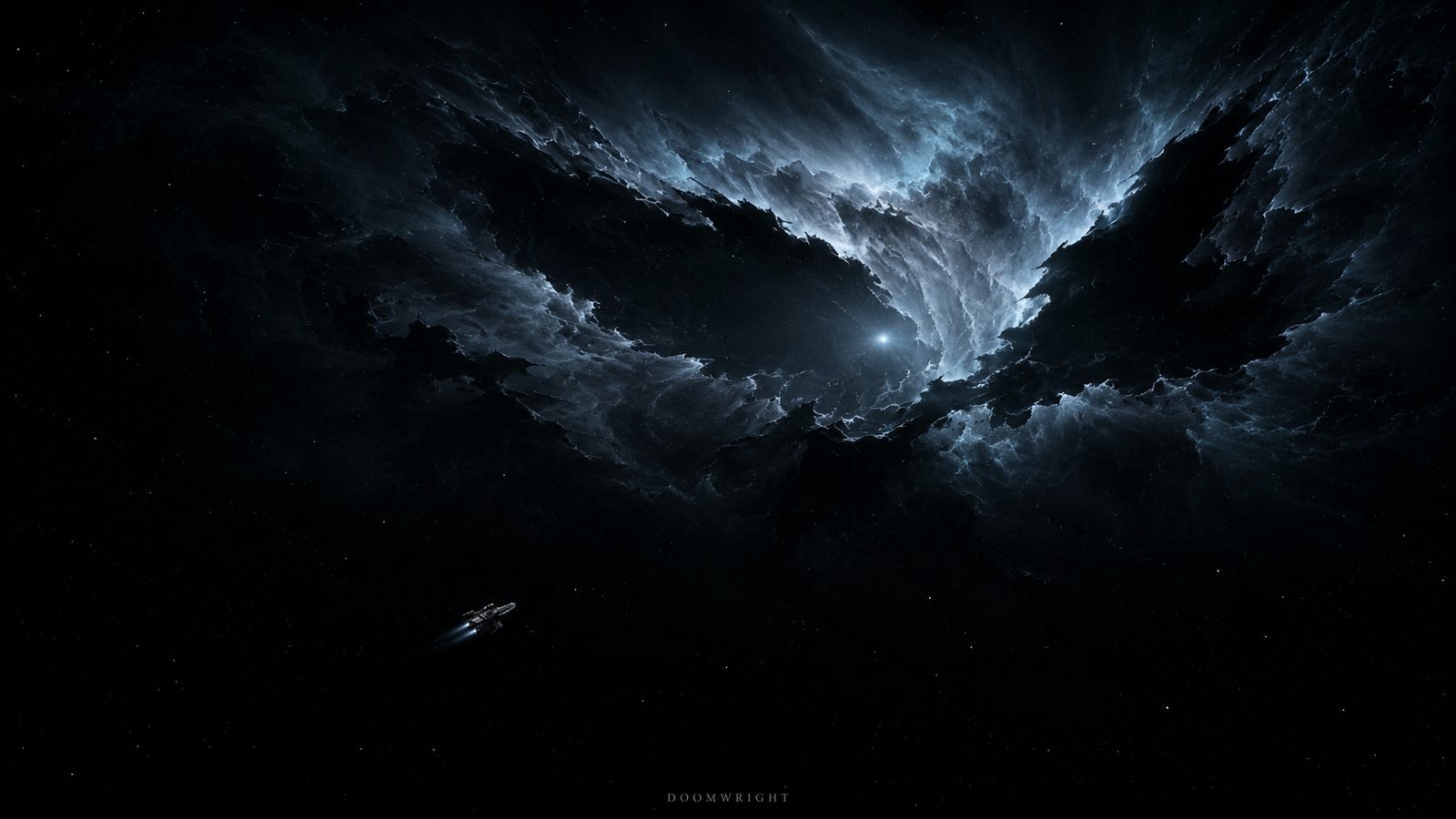A tiny vessel approaching a vast dark nebula lit by a single bright star