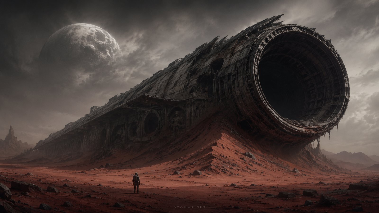 A lone spacefarer standing before a colossal derelict hull half-buried in a red desert beneath a broken moon