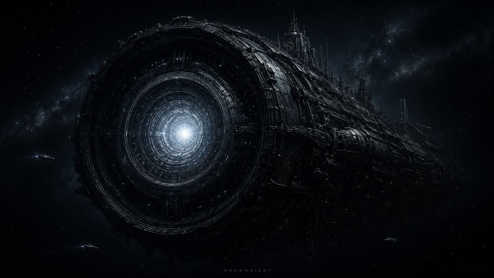 An enormous cylindrical ship-mind in deep space with a single luminous core like an eye