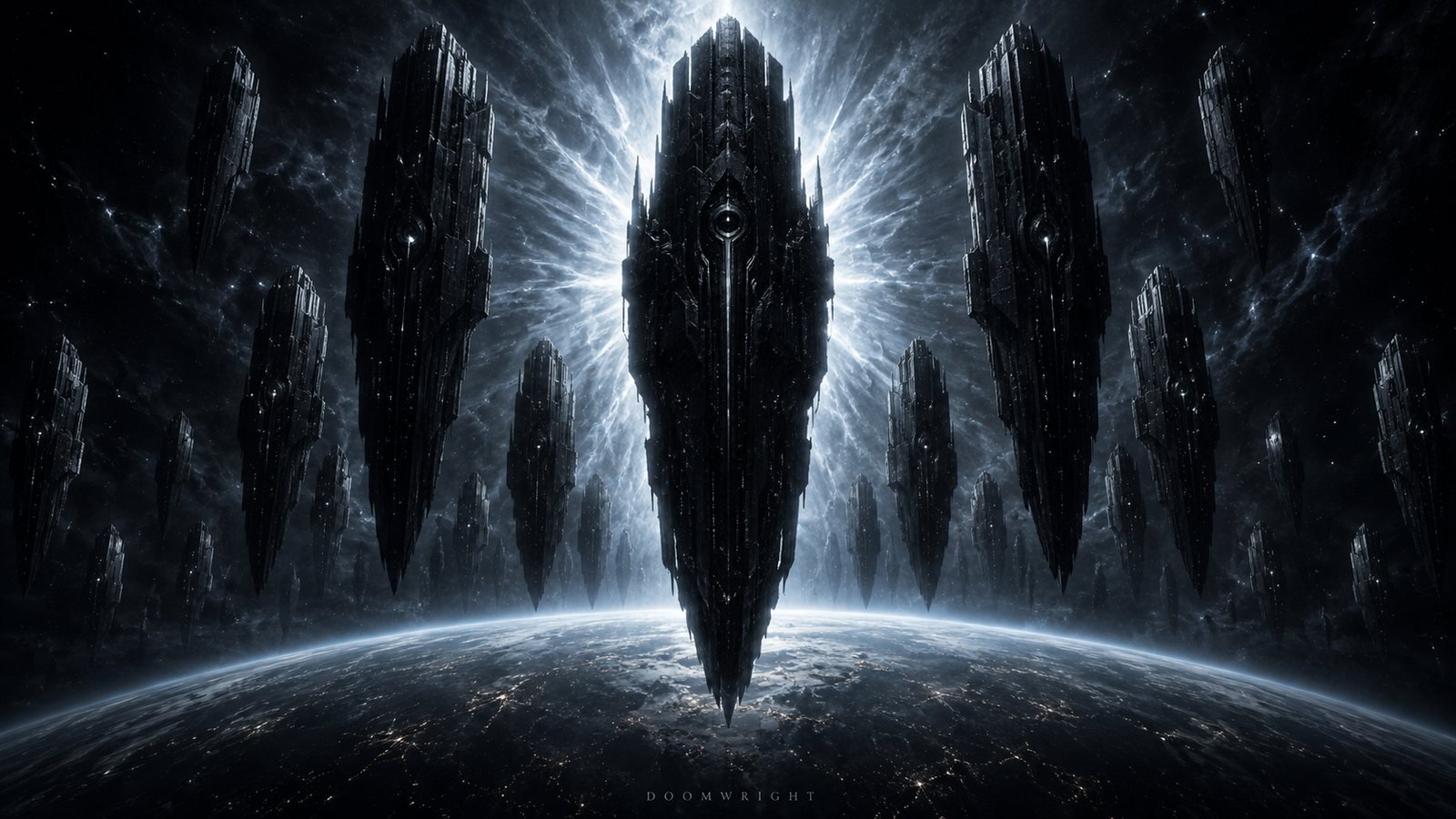 A fleet of colossal monolithic ships descending toward a lit planet in a burst of radiance