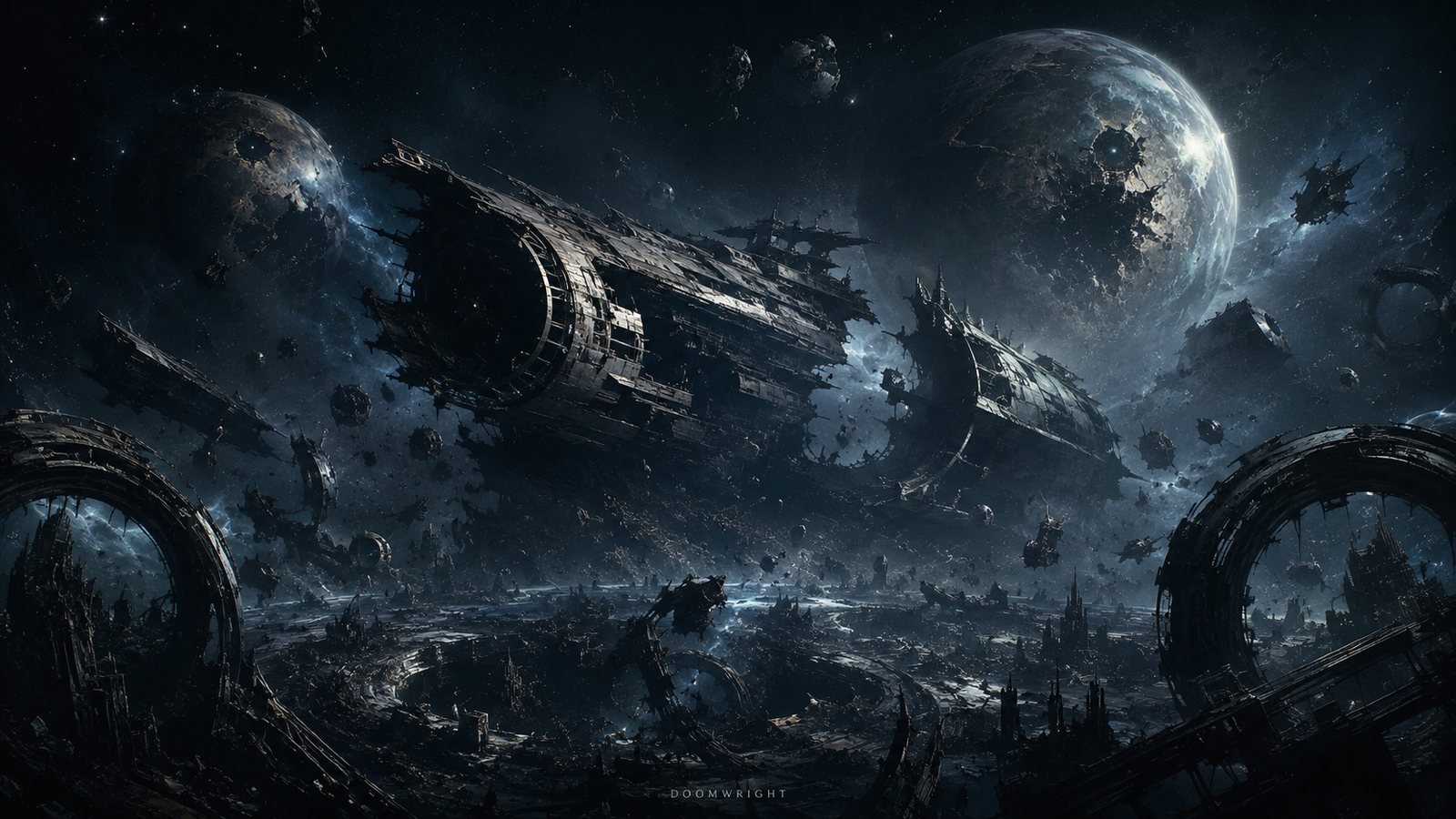 A vast graveyard of derelict warships drifting among planets and debris