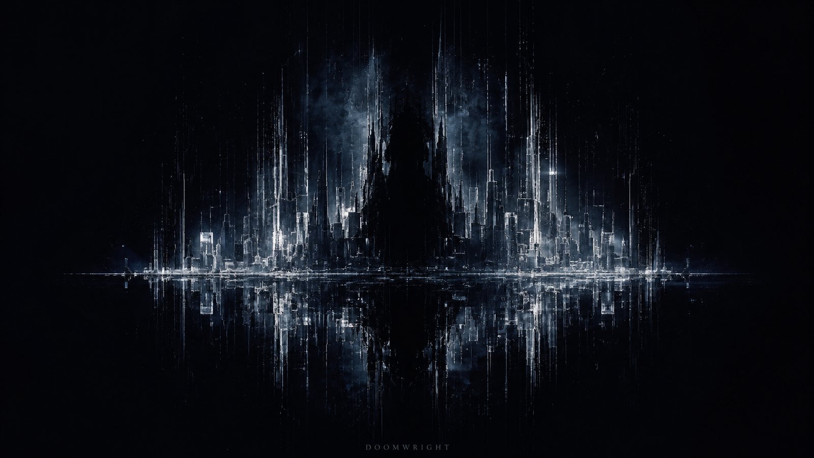 A ghostly white city of light and spires reflected on black water in the dark