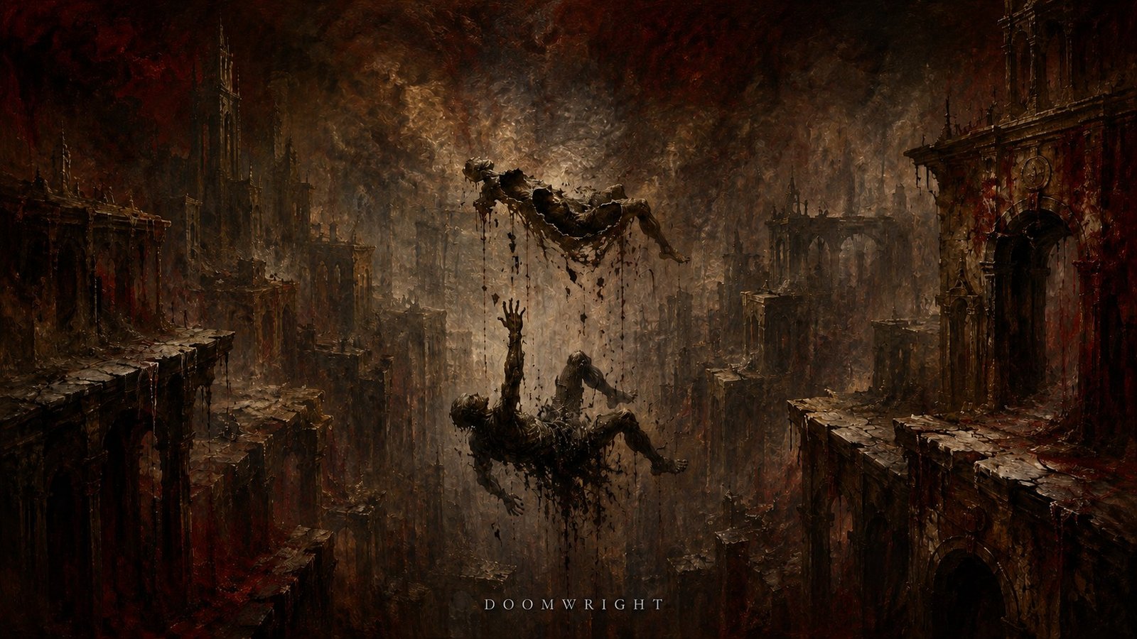 Two figures falling through a vast chasm between ruined structures, dark red oil painting