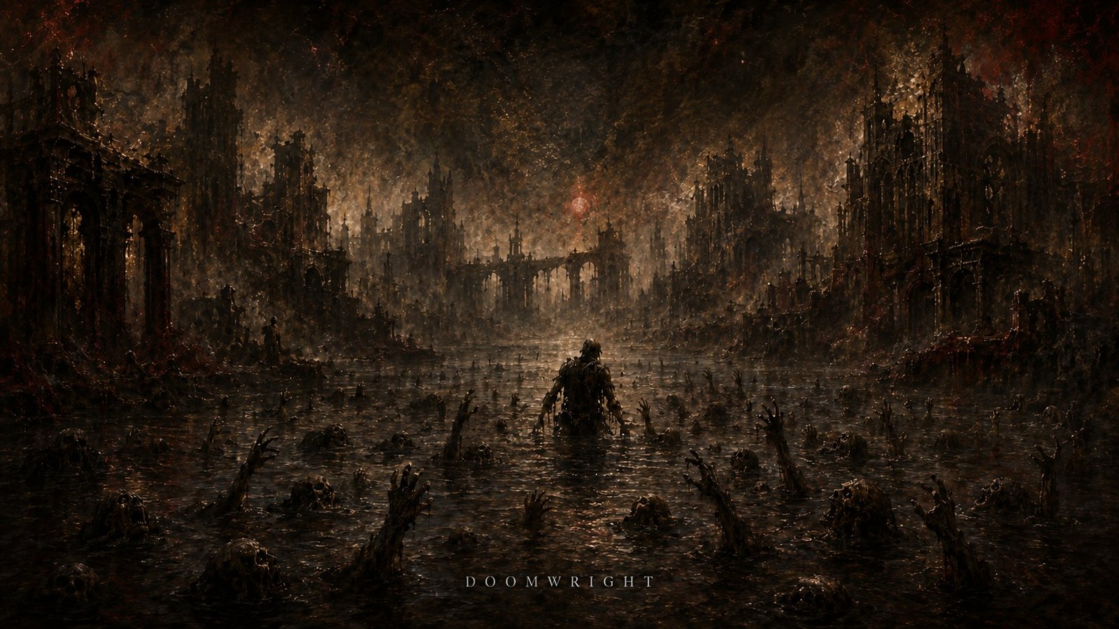A lone figure wading through a black flood as countless hands reach up from the water, a ruined gothic city beyond