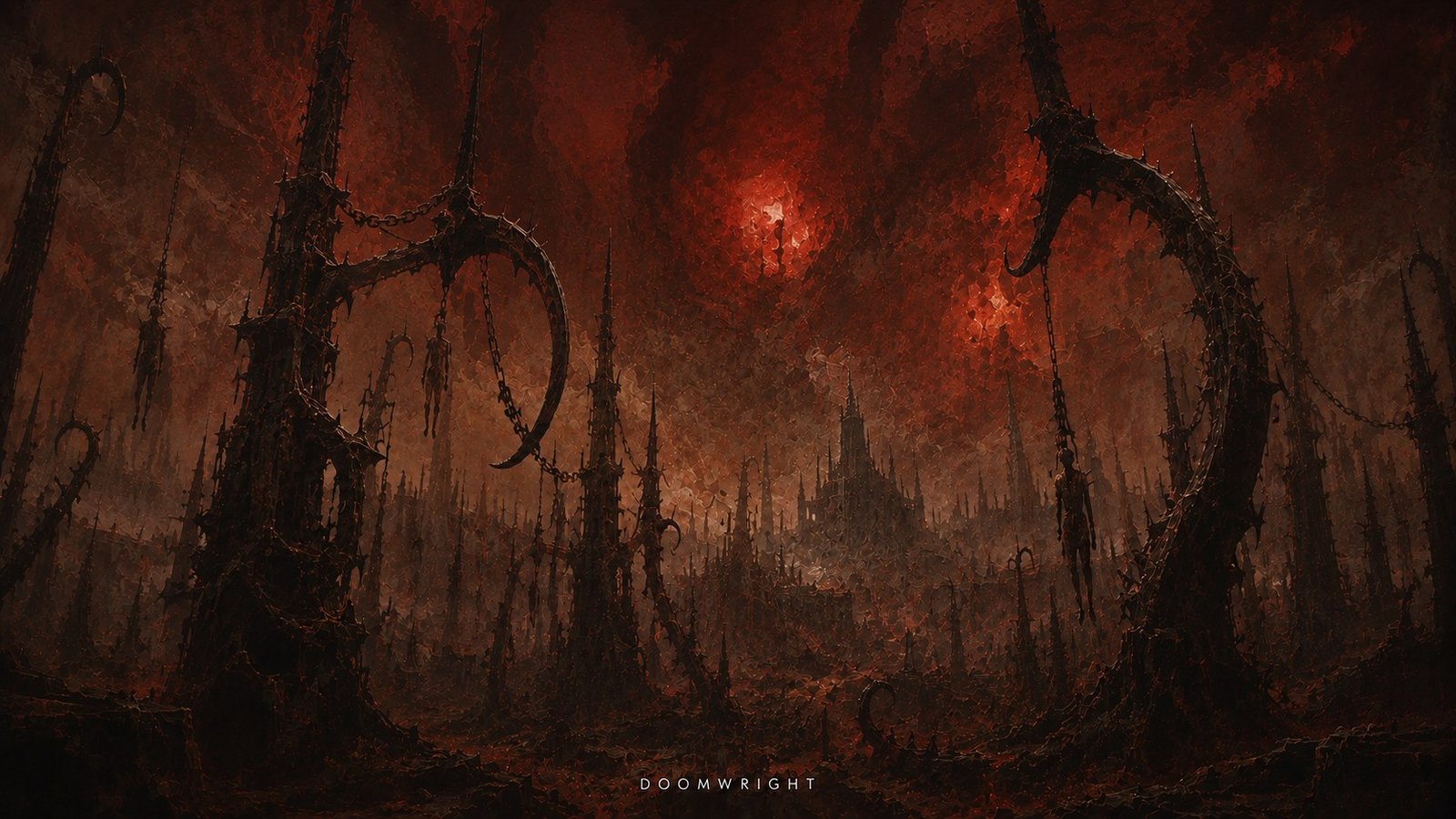 A red hellscape of giant iron hooks, thorns and chains with figures hung upon them