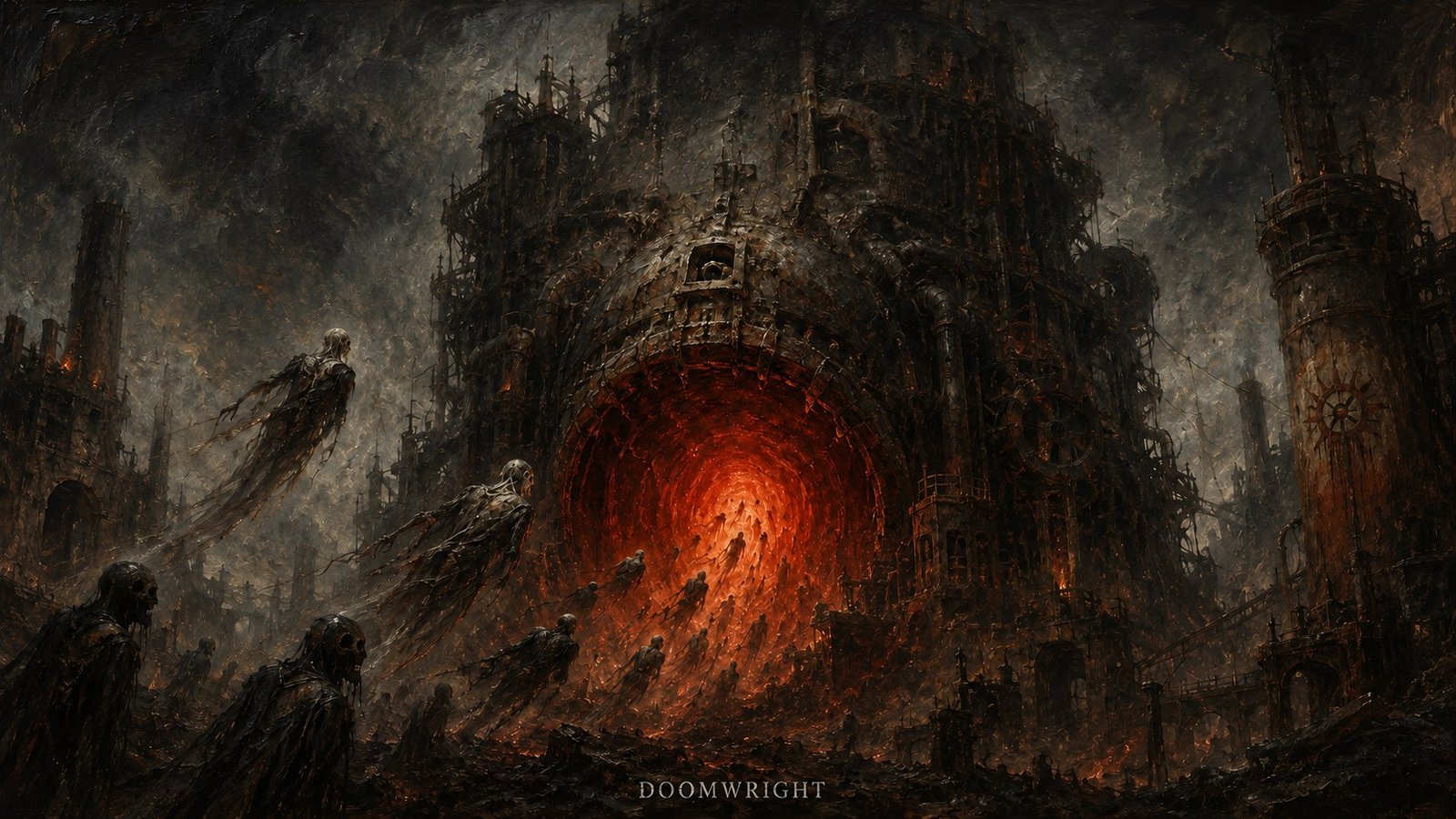 A glowing furnace gate in a vast dark citadel with a procession of wraith figures walking into the red fire