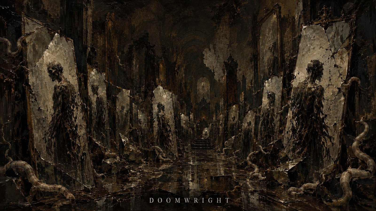 A hall of cracked tall mirrors reflecting rotting figures, pale worms coiling across the wet floor