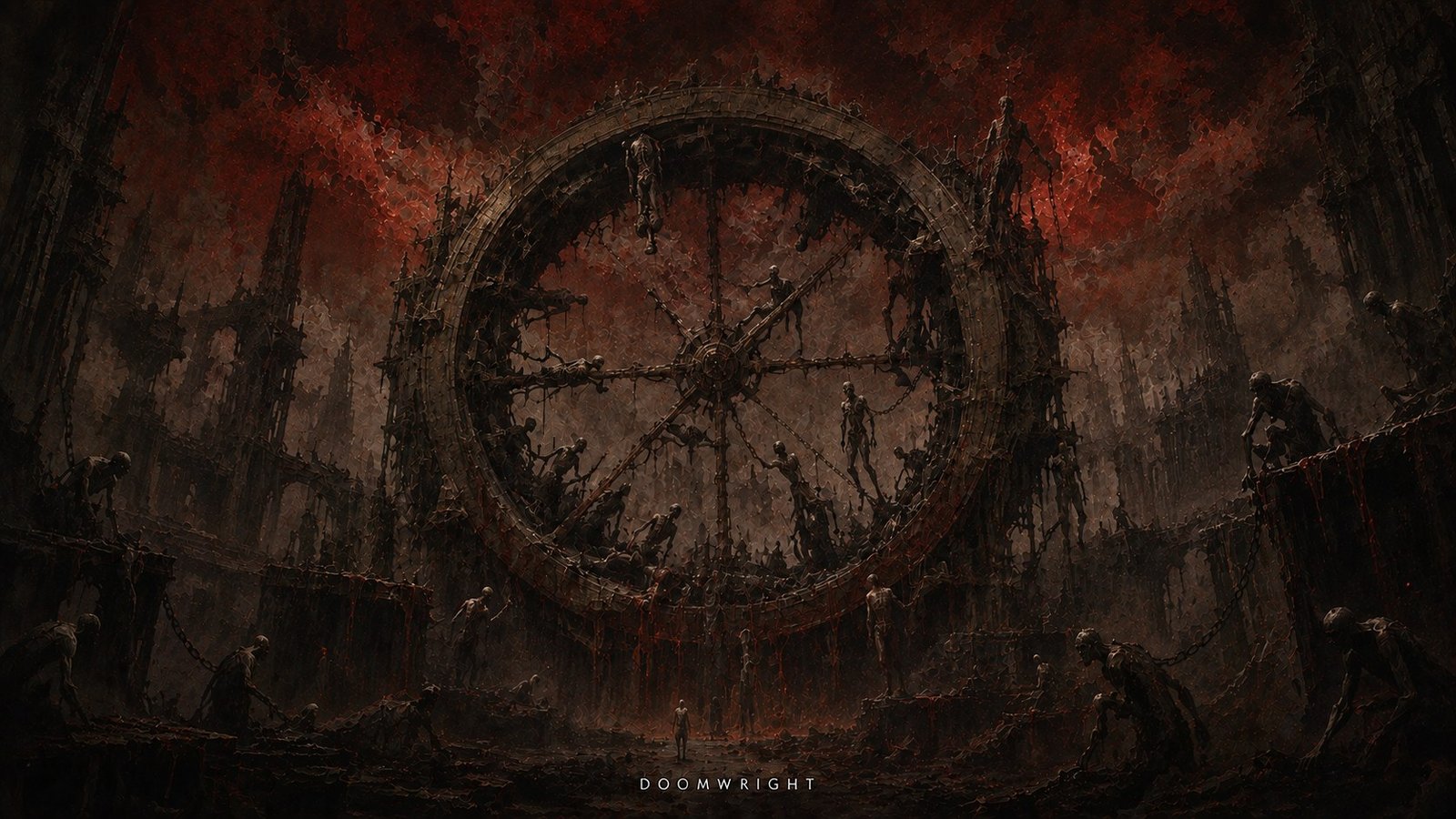 A giant spoked wheel hung with bound figures rising into a red sky above a ruined hall, a lone soul below