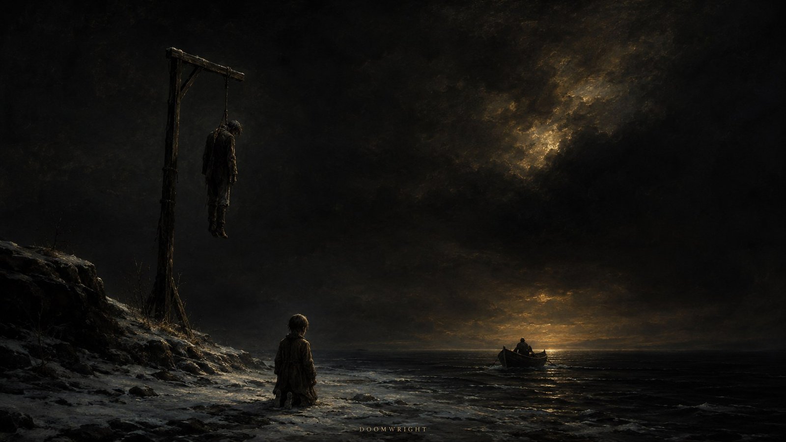 A child kneeling on a snowy night coast watching a boat row away over a moonlit sea, a hanged man on a gibbet nearby, dark oil painting