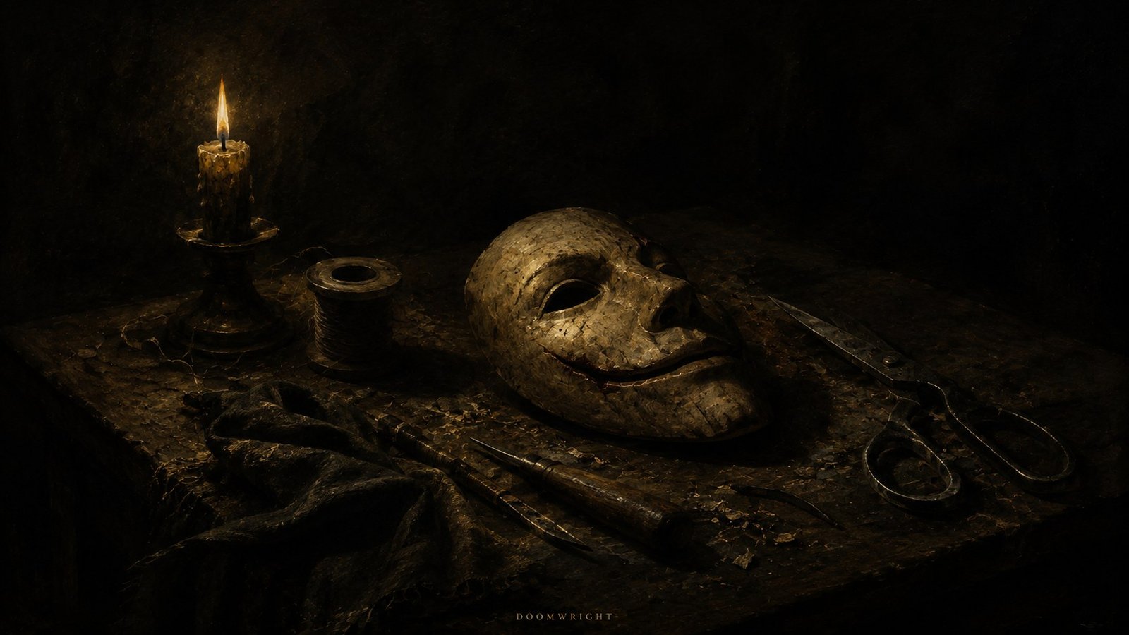 A candlelit worktable holding a pale carved mask, a spool of coarse thread, scissors and small tools, in dark bronze oil