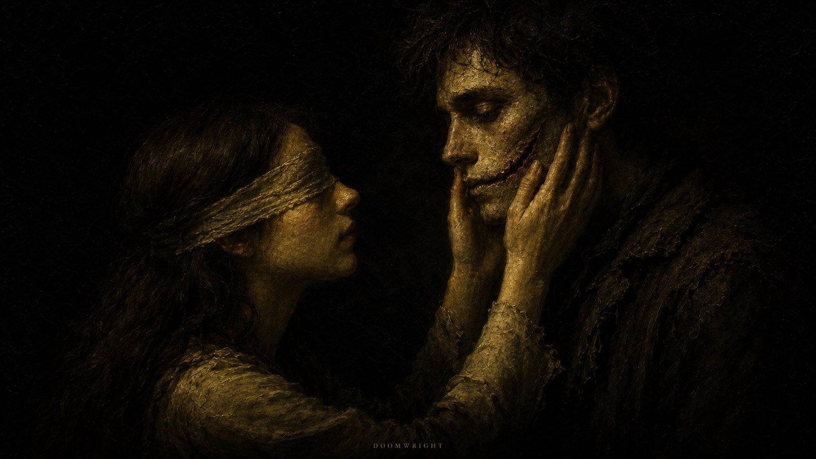 A blindfolded young woman cradling the scarred man's face in both hands, foreheads close, against black, in warm gold oil