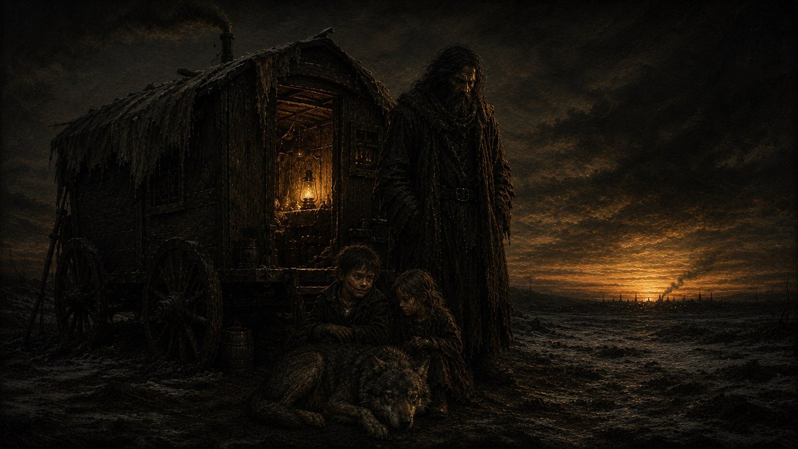 A bearded man, two ragged children and a wolf beside a lantern-lit travelling wagon at dusk, a distant town glowing on the horizon