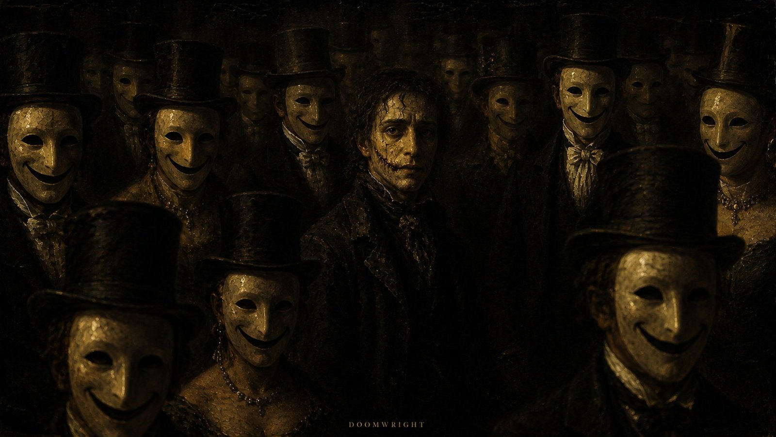 A scarred man standing among a crowd of figures in top hats wearing grinning pale masks, dark gold oil painting