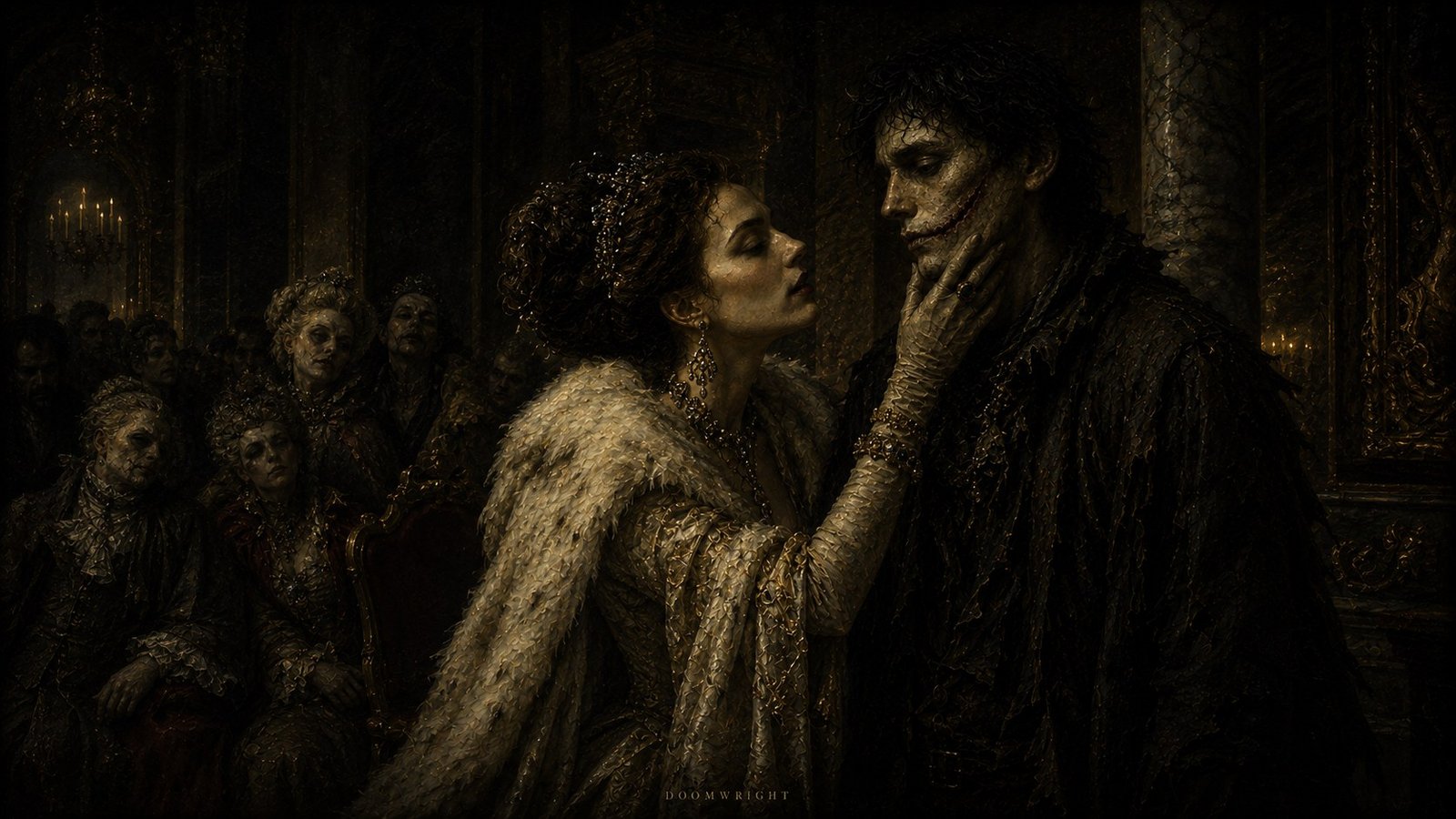 A richly dressed noblewoman reaching up to hold the scarred man's face in a candlelit hall of watching courtiers