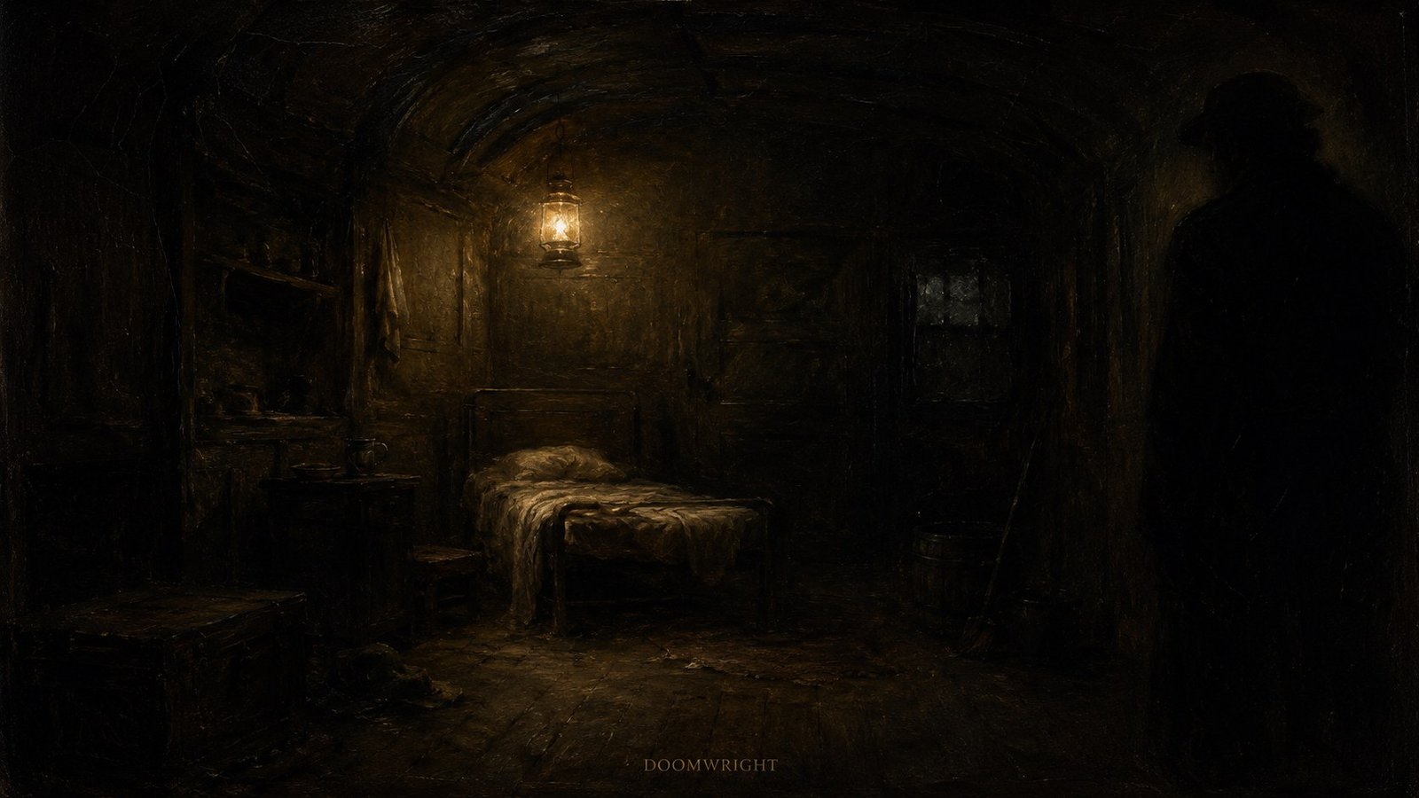 A lone dark figure standing in a dim lantern-lit wagon interior beside an empty bed, warm shadows all around