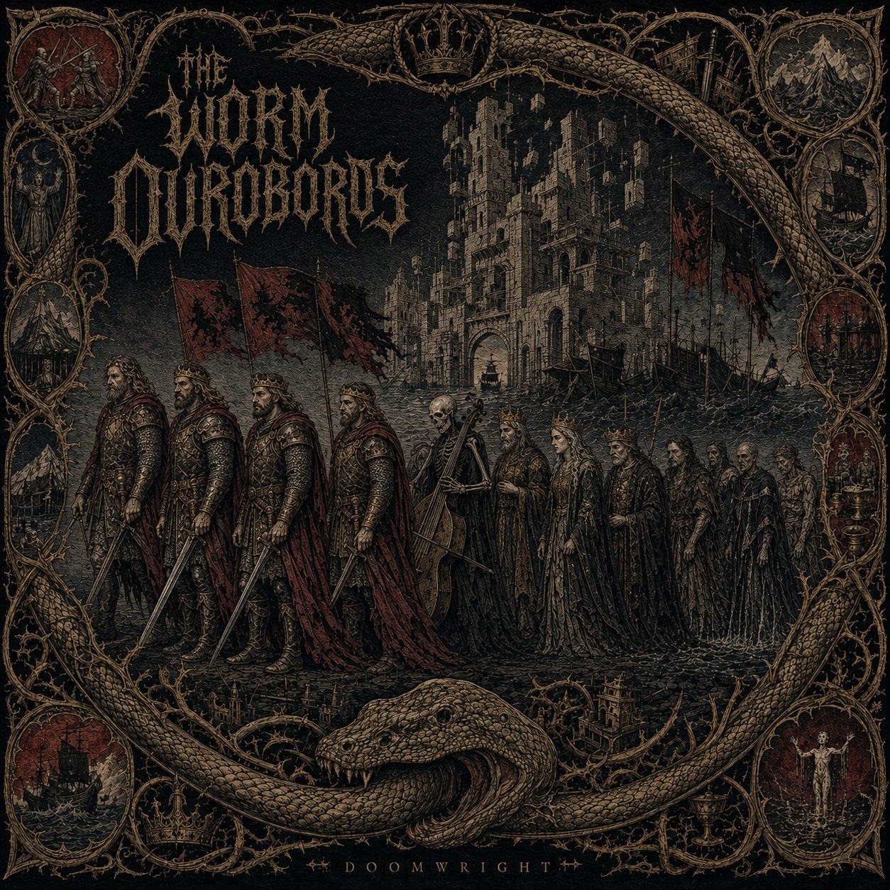 THE WORM OUROBOROS — album cover, four crowned lords leading a funeral procession ringed by a great serpent devouring its own tail