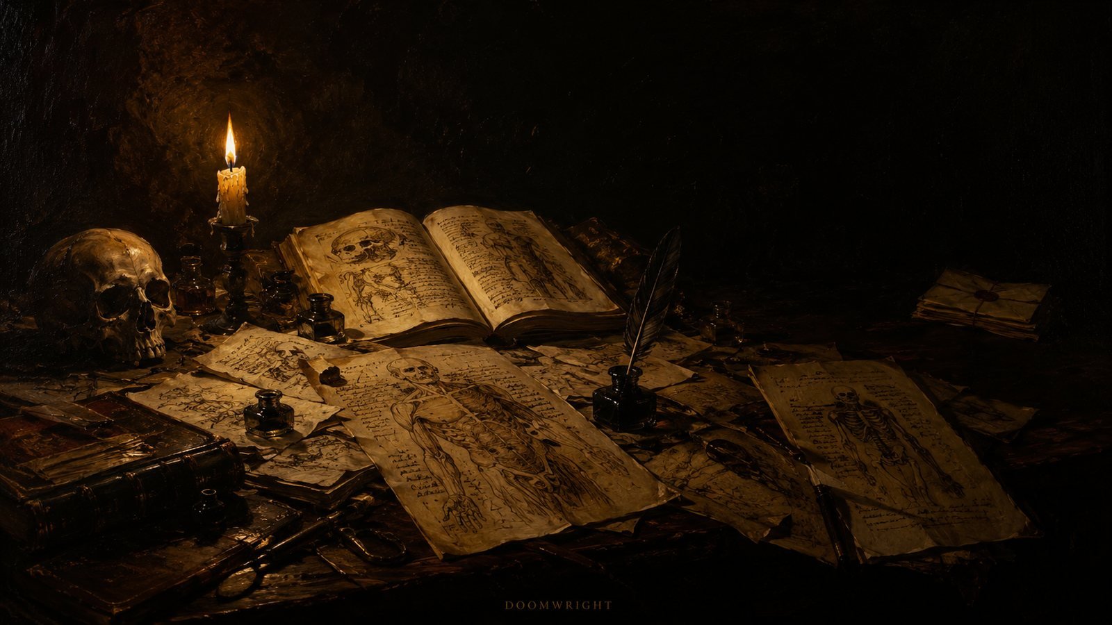 A candlelit desk with a skull, open anatomy books, quill and papers of skeletal diagrams