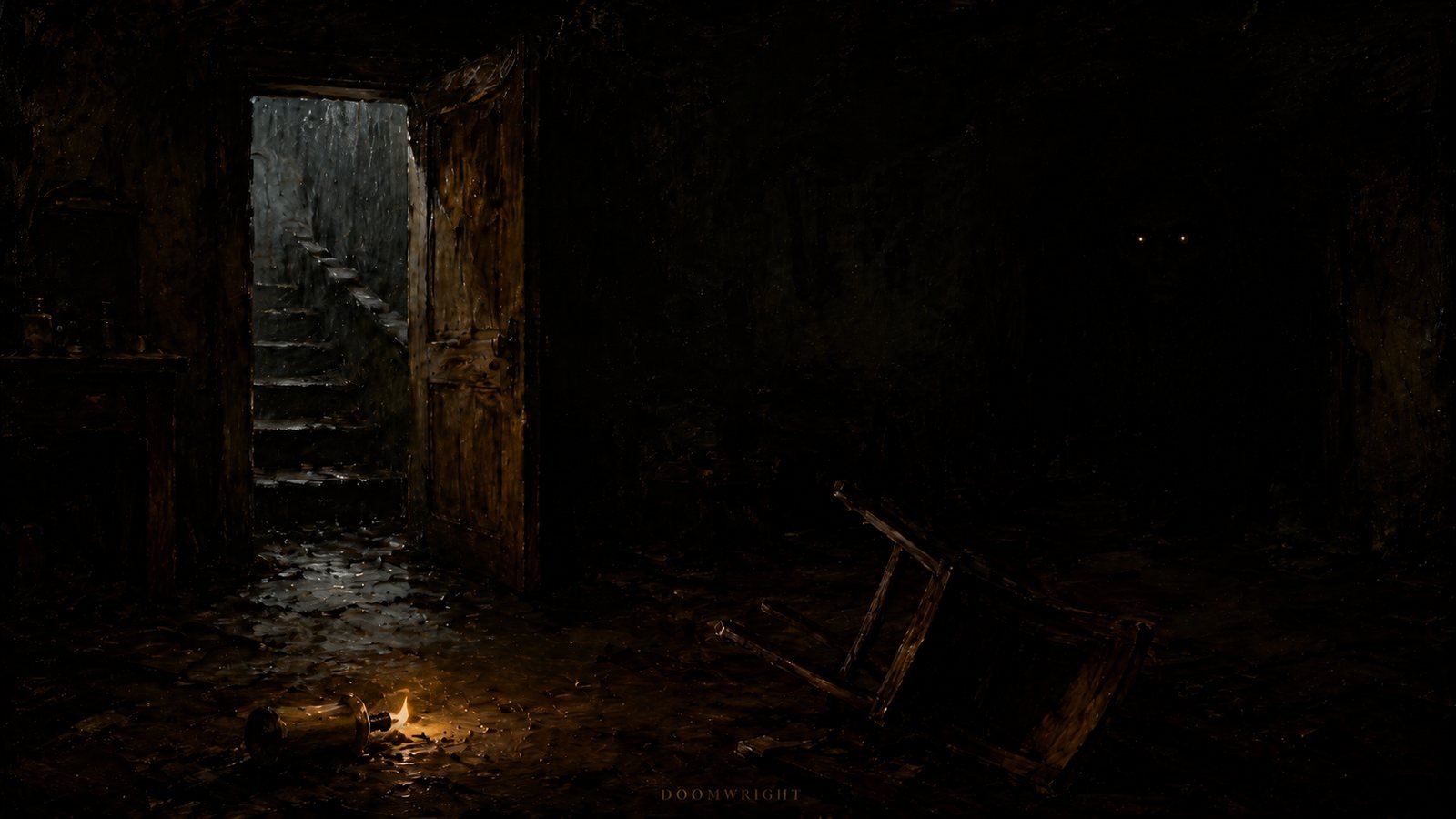 An open workshop door onto rain-wet stairs, a dropped lamp, an overturned chair, and two faint eyes in the dark