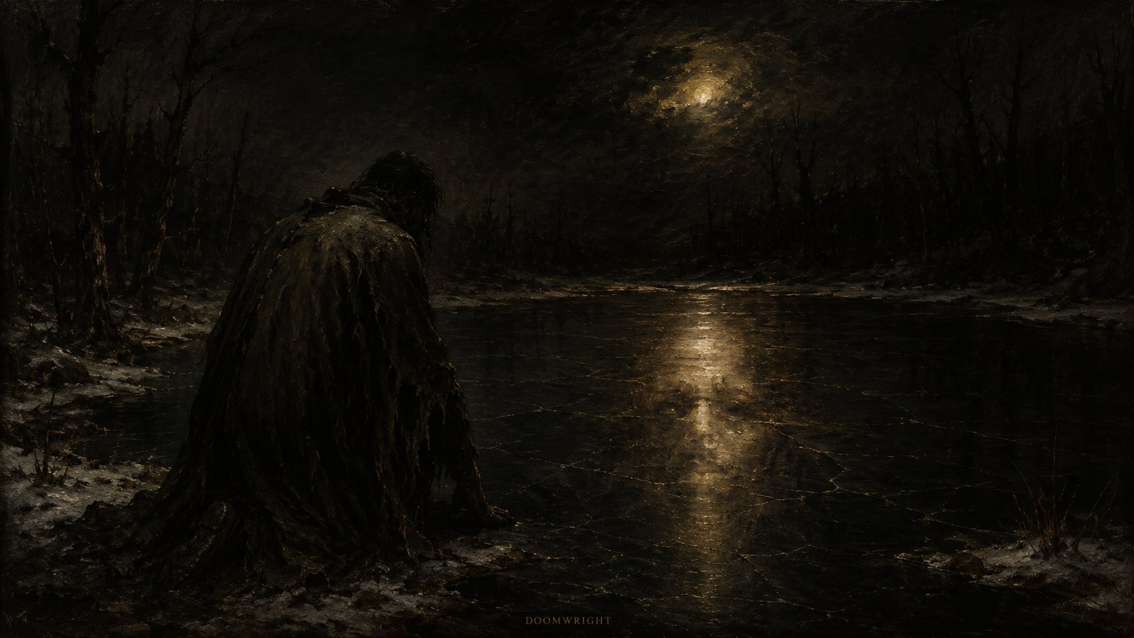 A cloaked figure kneeling by a frozen moonlit pool in bare winter woods