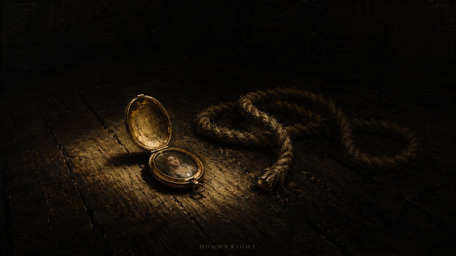 An open locket holding a portrait beside a coiled rope on dark floorboards