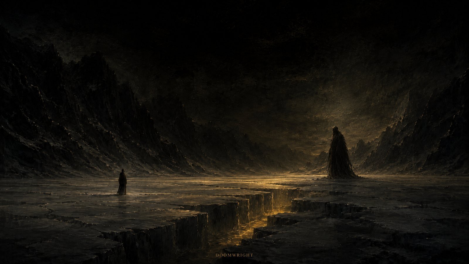Two cloaked figures facing each other across a glacier crevasse of glowing ice