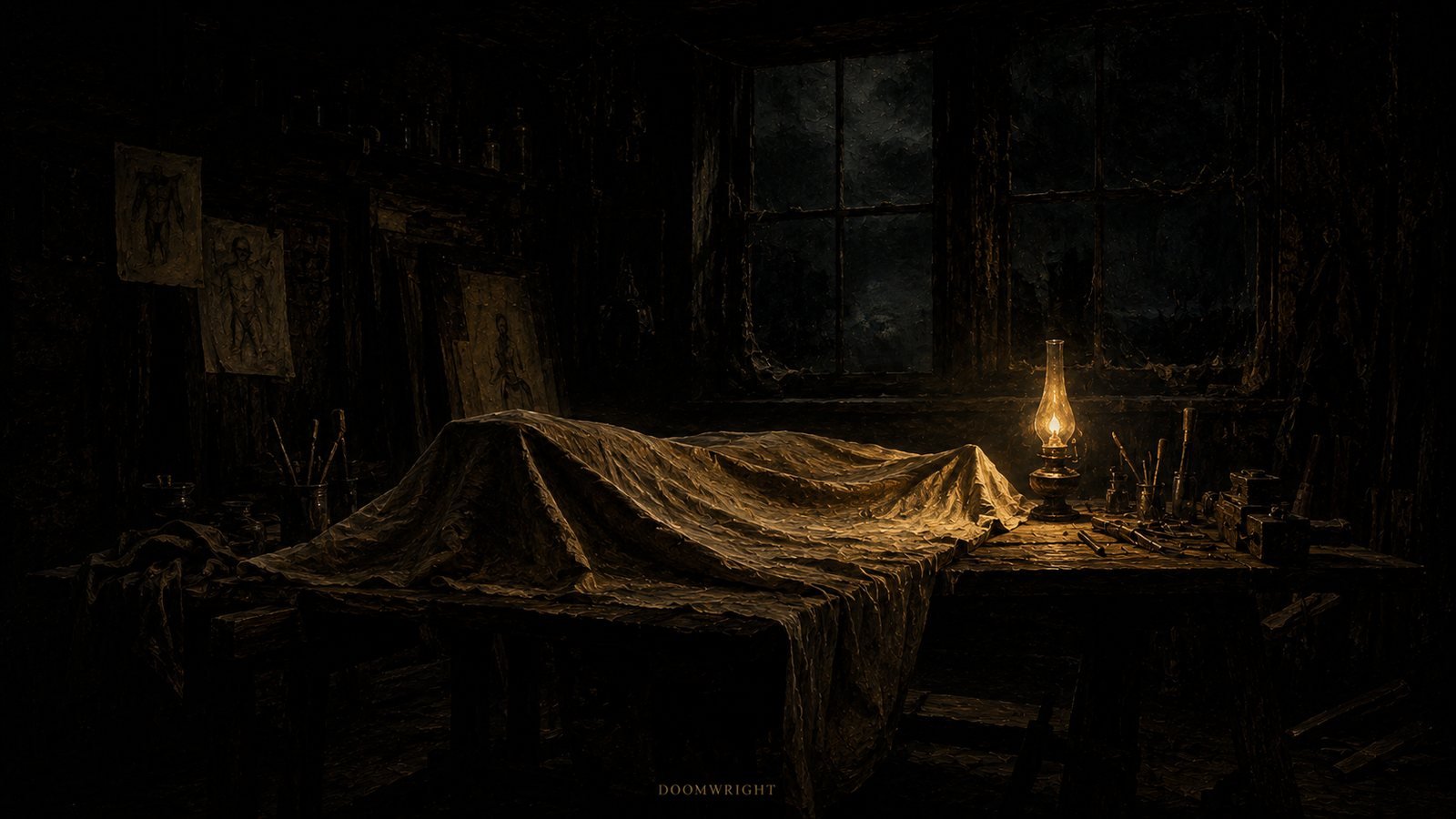 A shrouded half-formed shape on a workbench lit by a lamp, anatomical sketches on the wall, a dark window behind