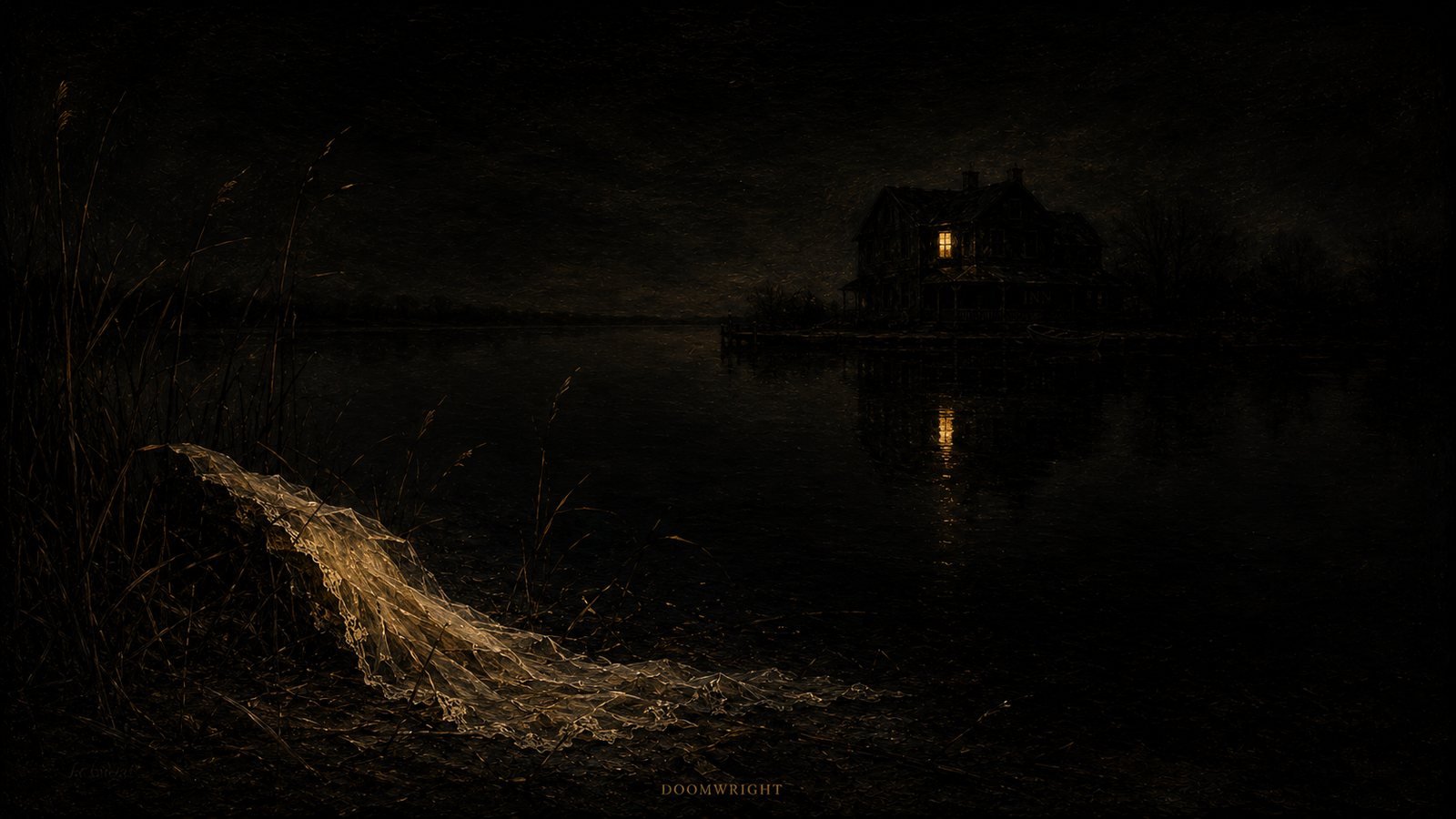 The Blackwater Inn across a still moonlit lake, a wedding veil caught in the reeds