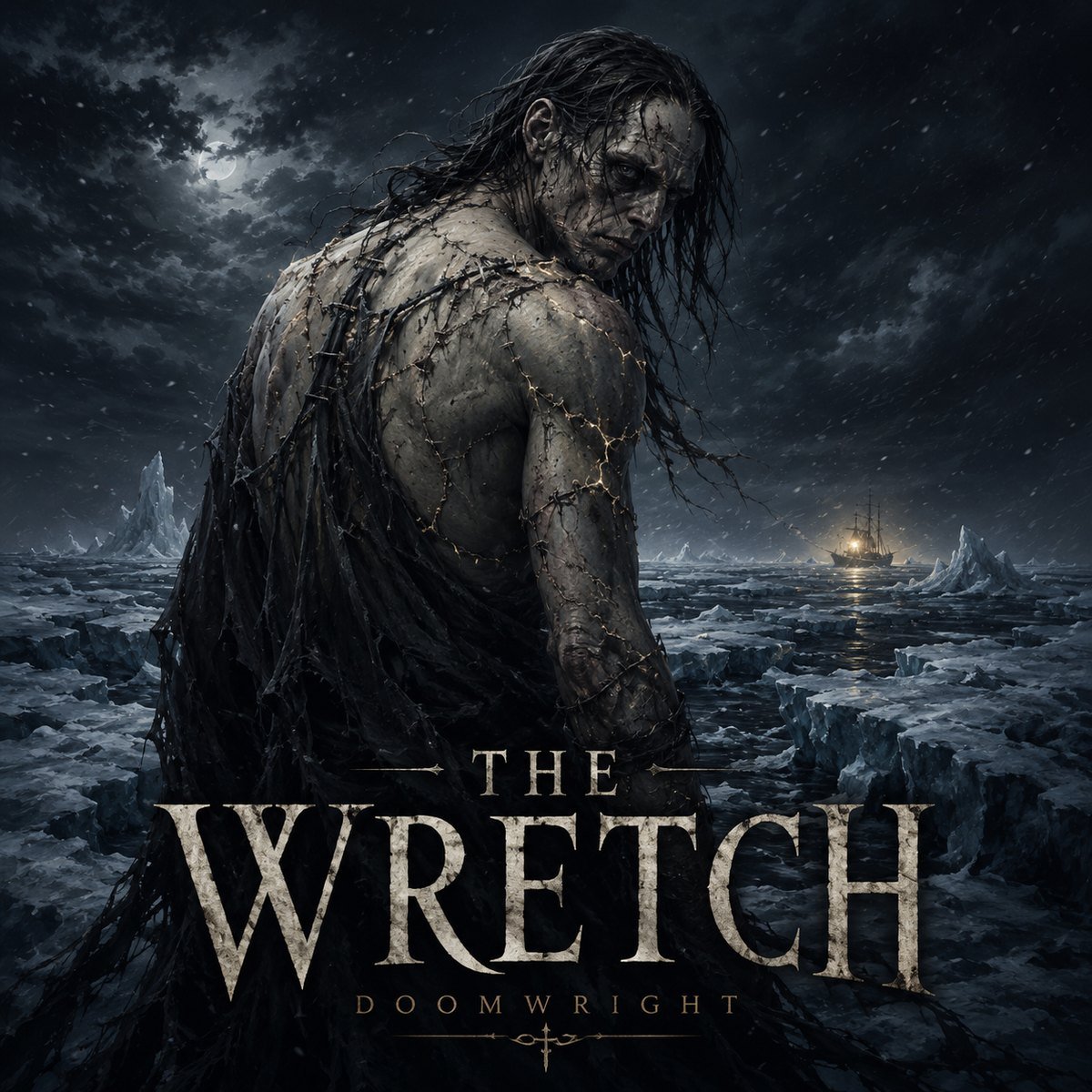 THE WRETCH — album cover, the stitched creature standing on the arctic ice with a distant ship