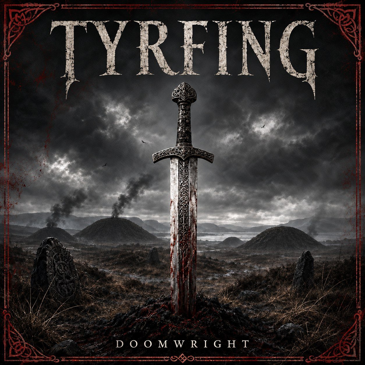 TYRFING — album cover, a rune-etched Viking sword driven bloodied into a grave-mound on a grey battlefield of burning barrows