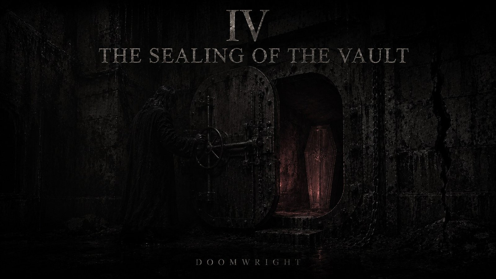 Title card — A robed figure closing a heavy iron vault door on a coffin lit red within, captioned 'IV · The Sealing of the Vault'