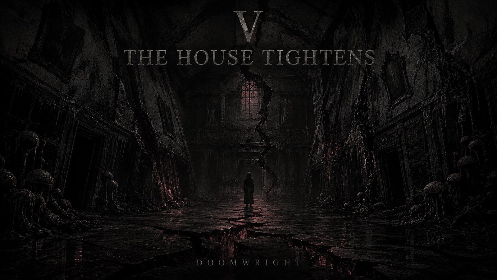 Title card — A lone figure in a vast cracked hall closing in around them, a fissure running the floor, captioned 'V · The House Tightens'