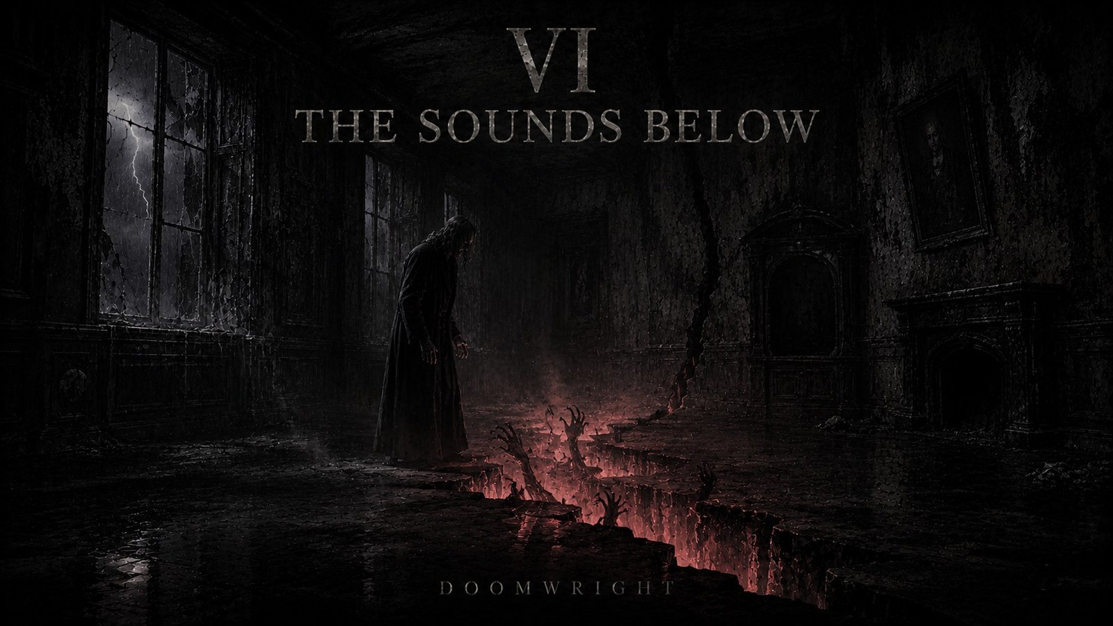 Title card — A man bent listening as clawing hands rise from a glowing crack in the floor, captioned 'VI · The Sounds Below'