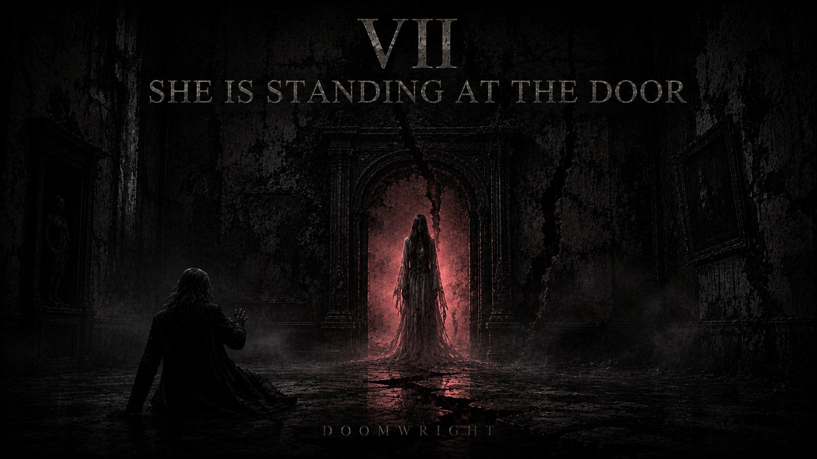 Title card — A bloodied woman standing in a red-lit doorway as a man recoils on the floor, captioned 'VII · She Is Standing at the Door'