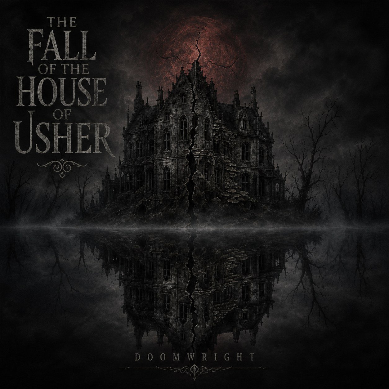 THE FALL OF THE HOUSE OF USHER — album cover, a cracked gothic mansion mirrored in a still black tarn beneath a red moon