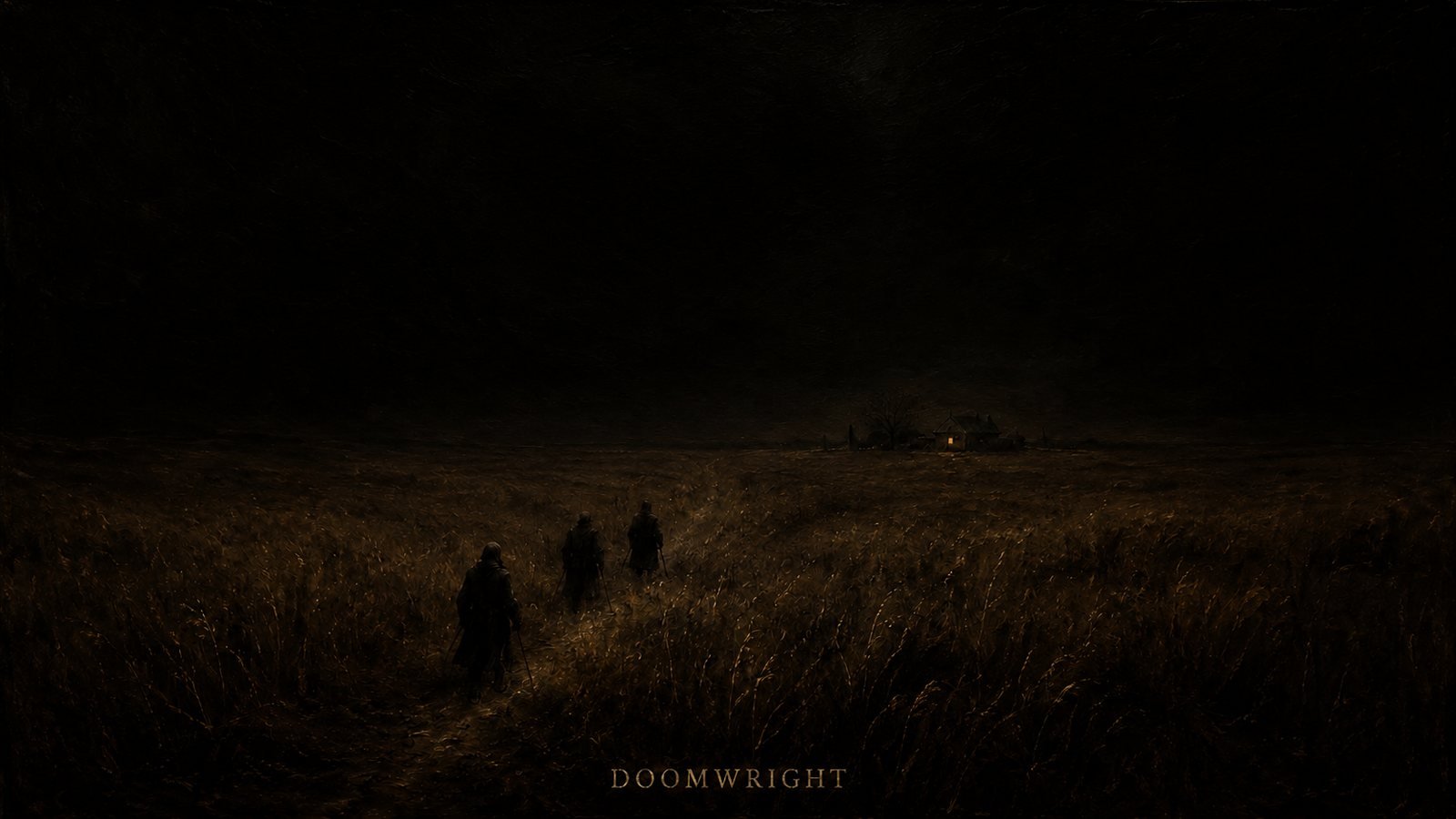 Three cloaked figures walking through tall grass toward a single lit farmstead in the dark