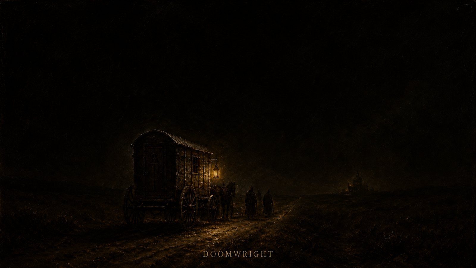 A covered wagon with a lantern on a dark road, escorts walking, a distant church