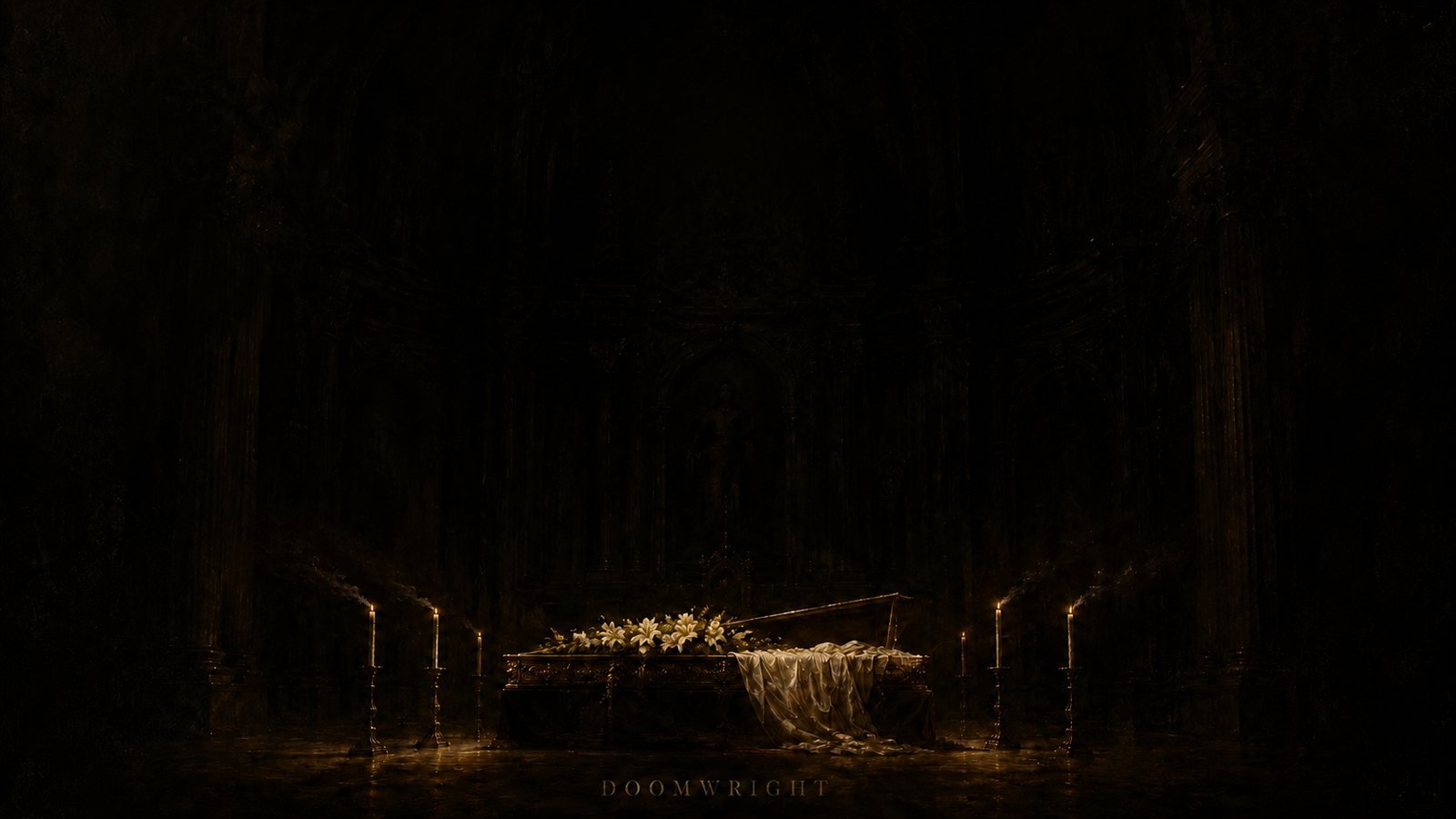 An open coffin on a bier in a dark church nave, ringed with candles and white lilies