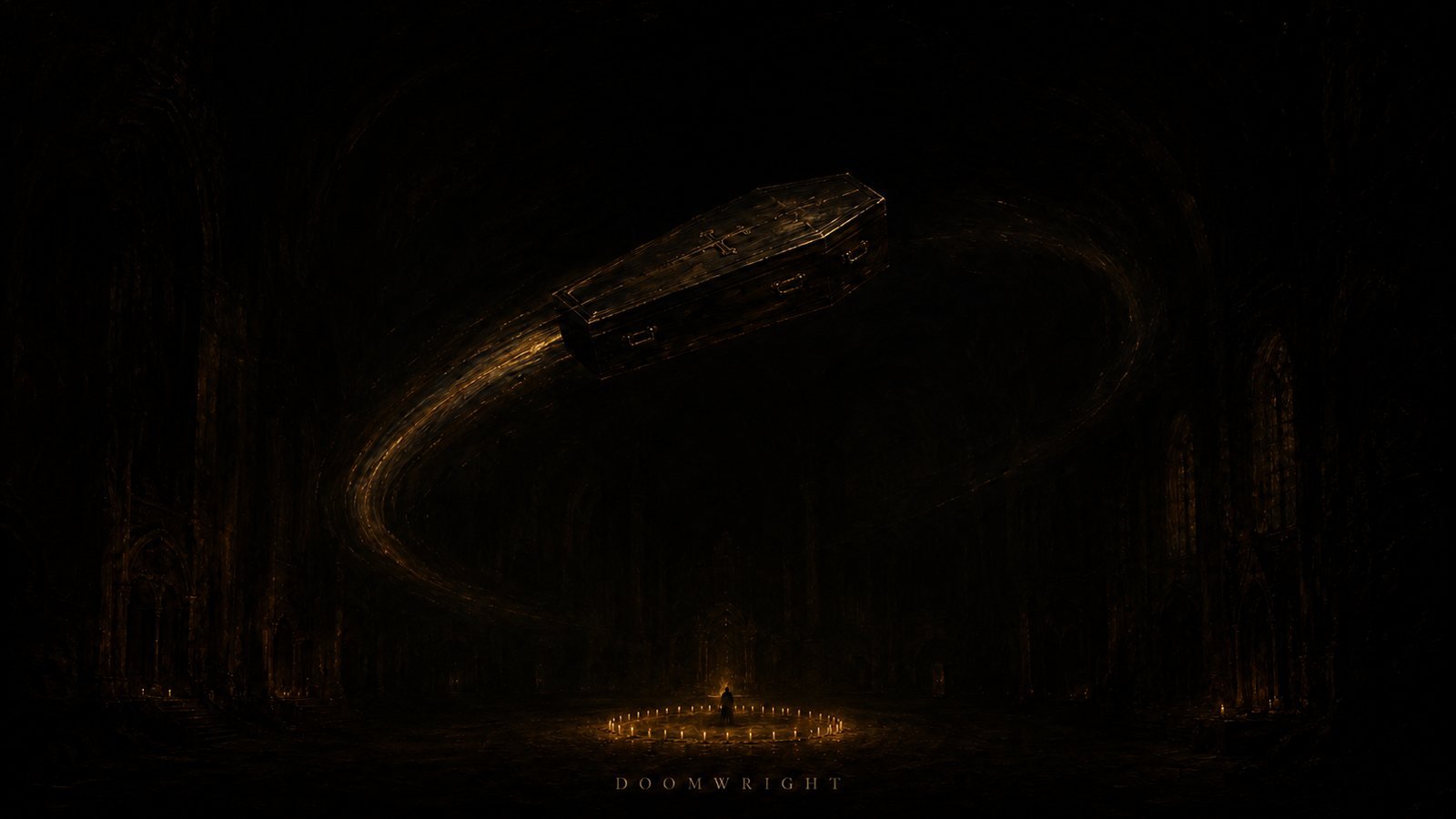 A coffin flying and circling high in a dark church, a small figure in a candle-ringed circle below