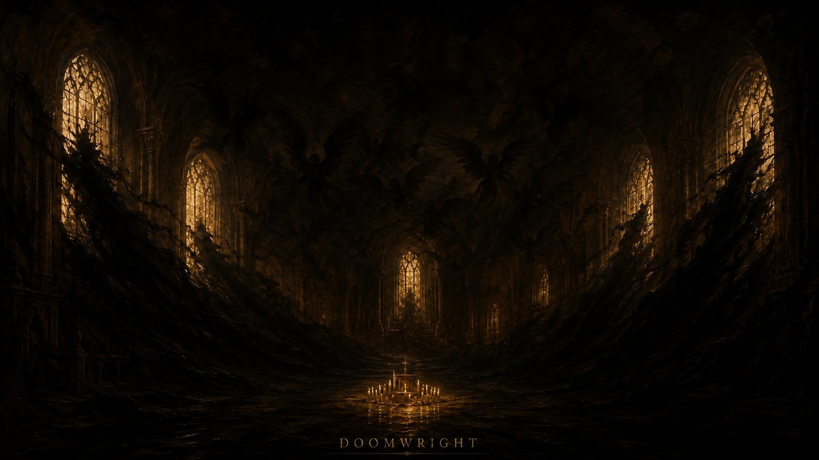 A dark cathedral filling with winged shapes bursting through the stained-glass windows