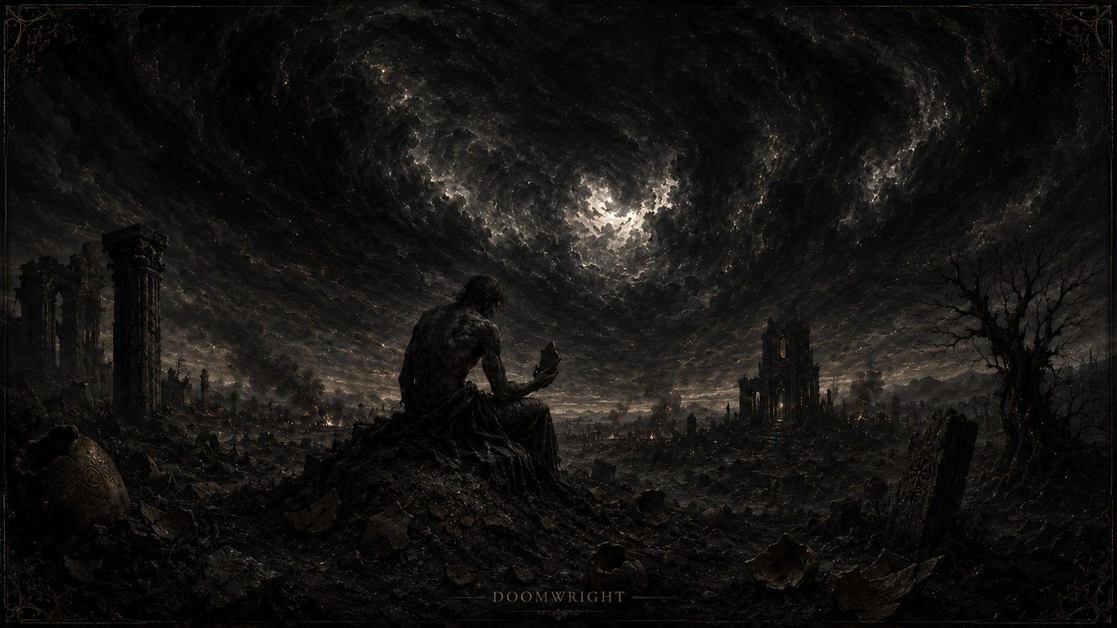 A man seated on a mound of ash and rubble in a ruined land, a shard in his hand, a moon breaking through spiral cloud
