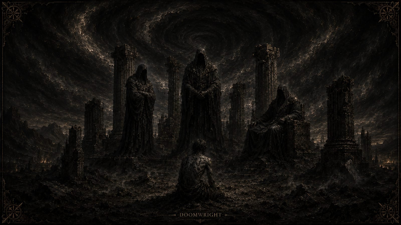 Three colossal hooded figures among ruined columns, a small bare-backed man kneeling before them