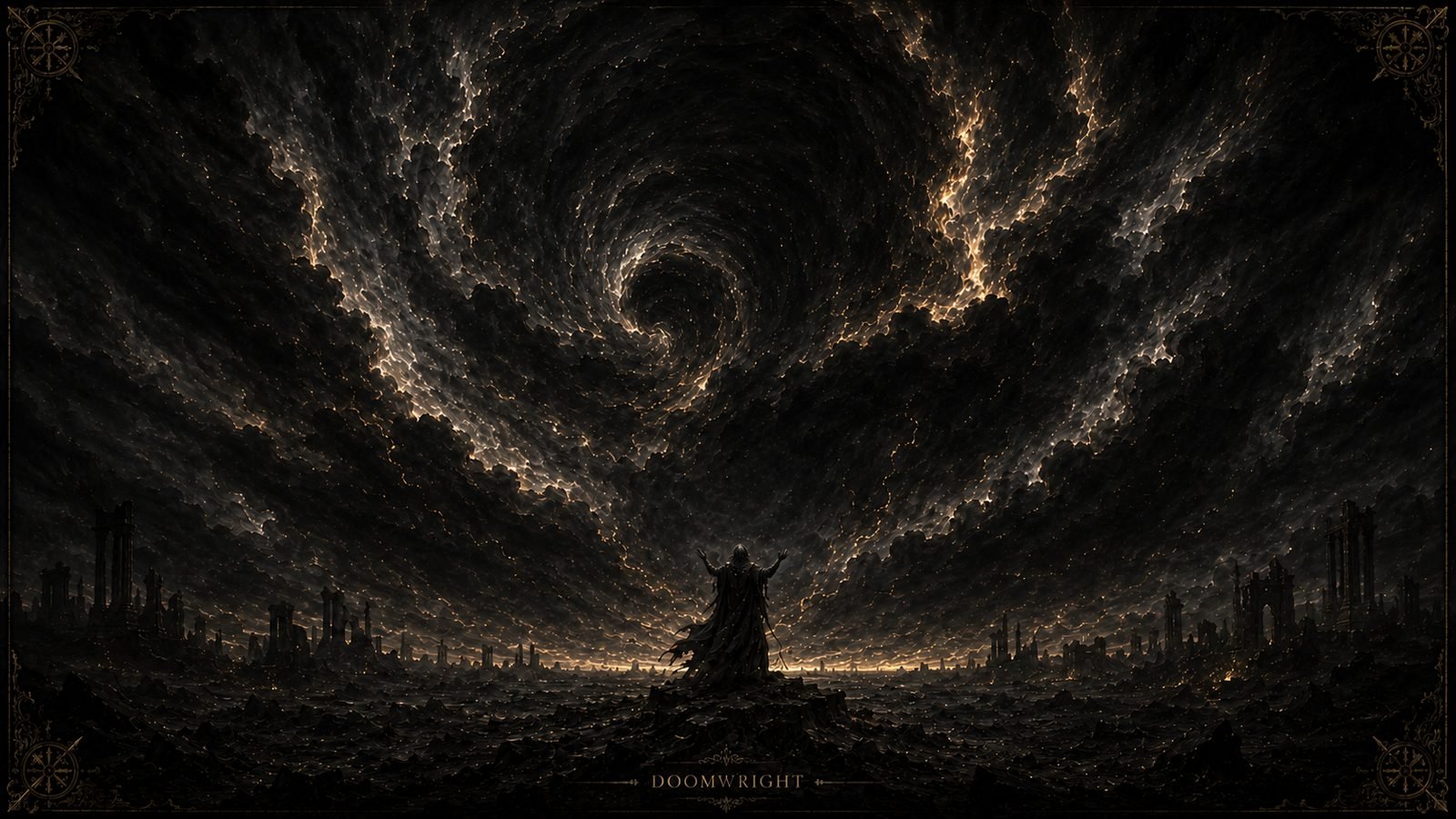 A robed figure on a rock raising both arms toward an immense spiral vortex in the sky over a ruined city