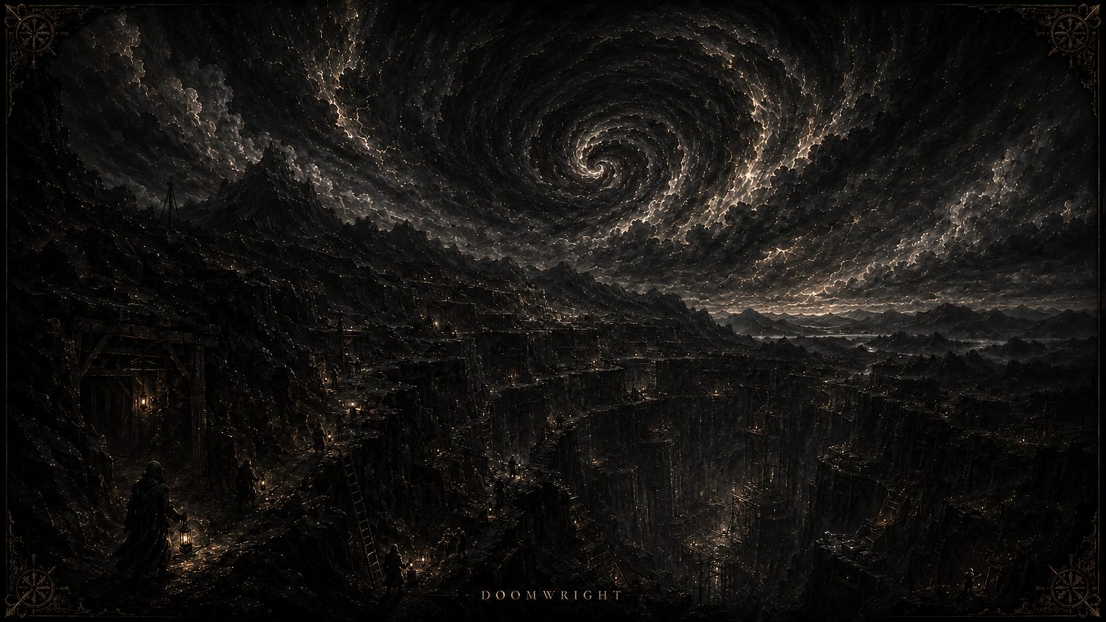 A vast mine and excavation canyon with tiny lantern-bearing figures beneath a spiralling storm sky
