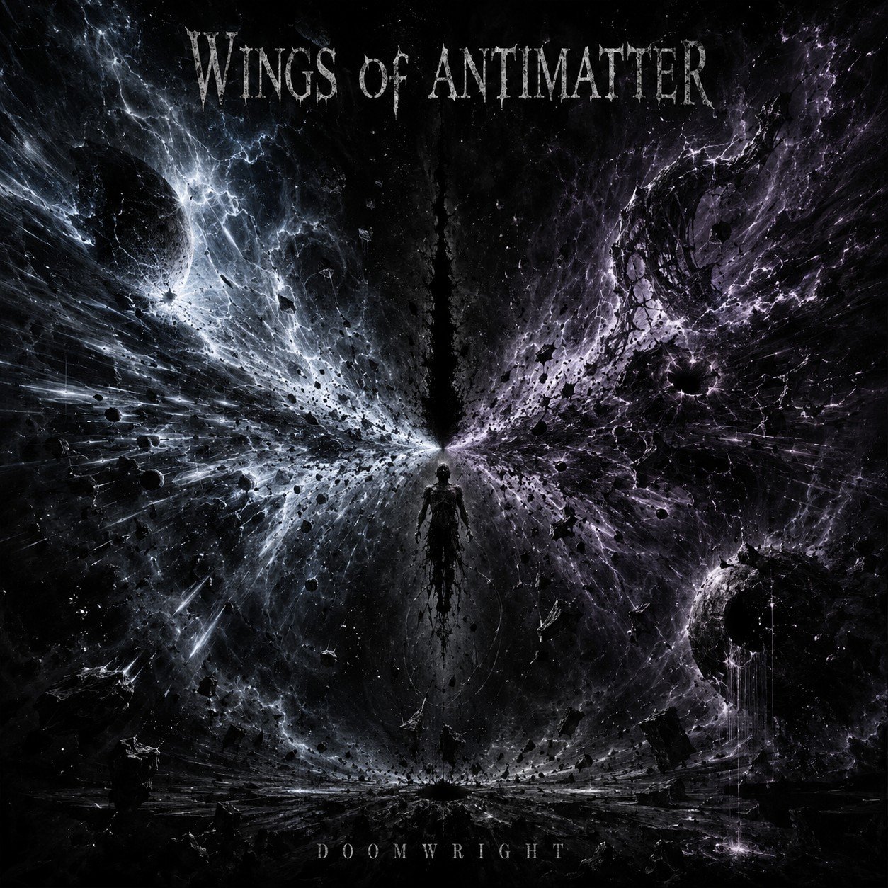 WINGS OF ANTIMATTER — album cover, a lone figure at the centre of two vast wings of cosmic dust spreading into the void, cold ivory and violet on black