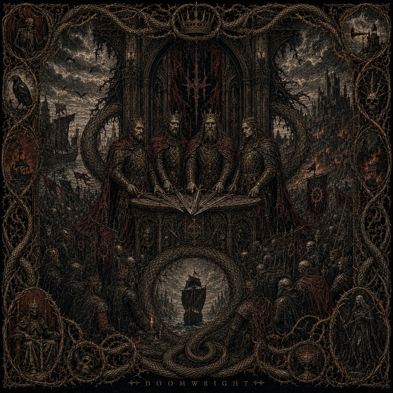 Illuminated panel — Four crowned lords at a round table laid with swords, an ouroboros below